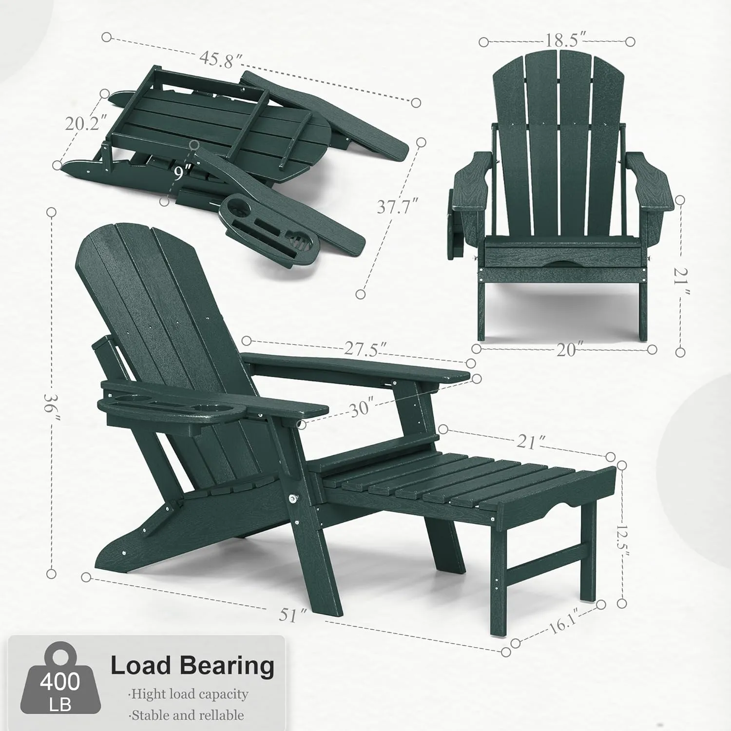 Adjustable Adirondack Chair with Retractable Ottoman, HDPE Folding Adirondack Chair with Cup Holder, All Weather Fire Pit Chair for Outdoor.