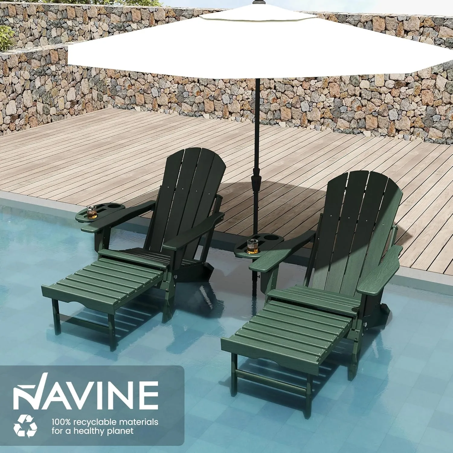 Adjustable Adirondack Chair with Retractable Ottoman, HDPE Folding Adirondack Chair with Cup Holder, All Weather Fire Pit Chair for Outdoor.