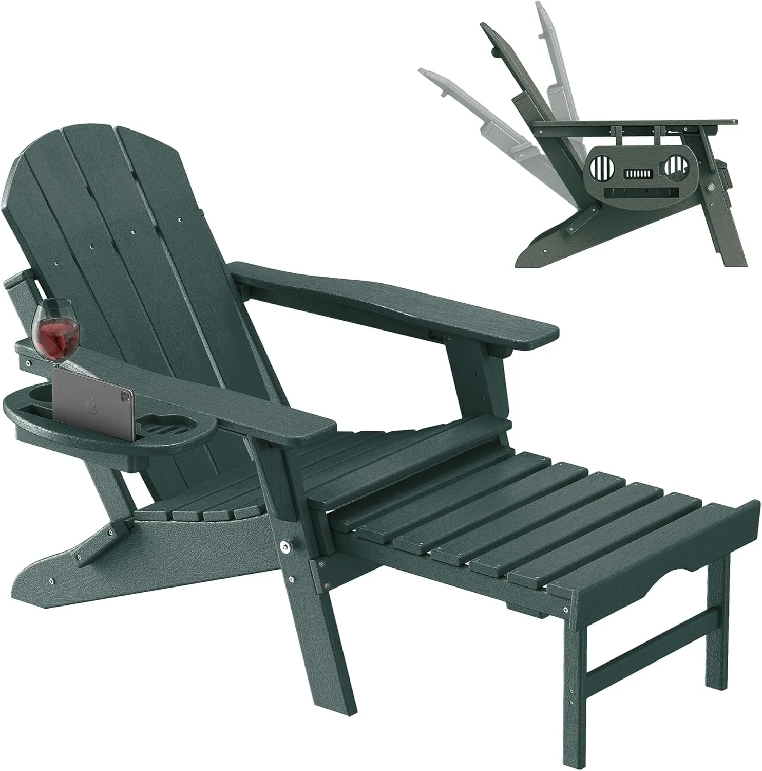 Adjustable Adirondack Chair with Retractable Ottoman, HDPE Folding Adirondack Chair with Cup Holder, All Weather Fire Pit Chair for Outdoor.