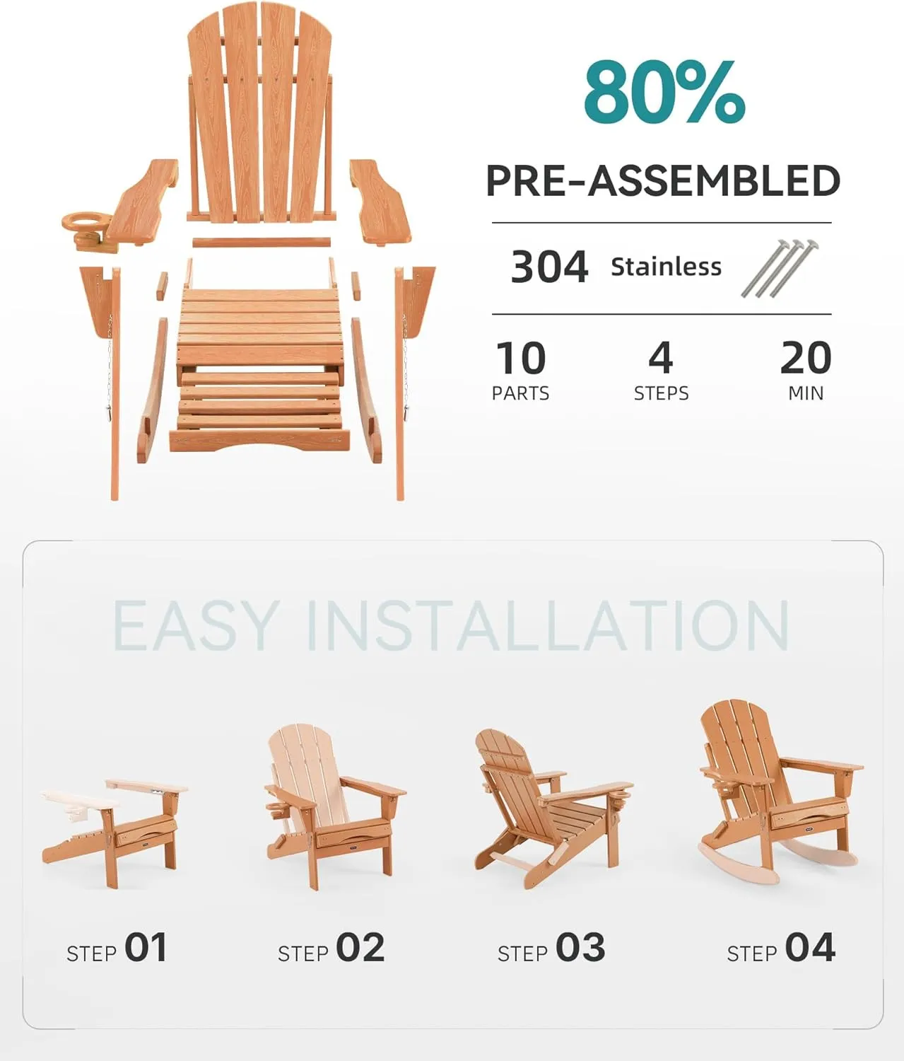 Adjustable Adirondack Rocking Chair with Retractable Ottoman, 4-in-1 Multifunctional Folding Patio Chair with Cup Holder, Outdoor Chair Wood Texture for Lawn, Porch, Backyard, Pool(Teak)
