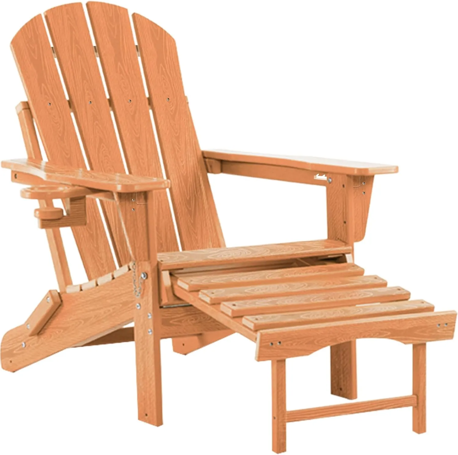 Adjustable Adirondack Rocking Chair with Retractable Ottoman, 4-in-1 Multifunctional Folding Patio Chair with Cup Holder, Outdoor Chair Wood Texture for Lawn, Porch, Backyard, Pool(Teak)