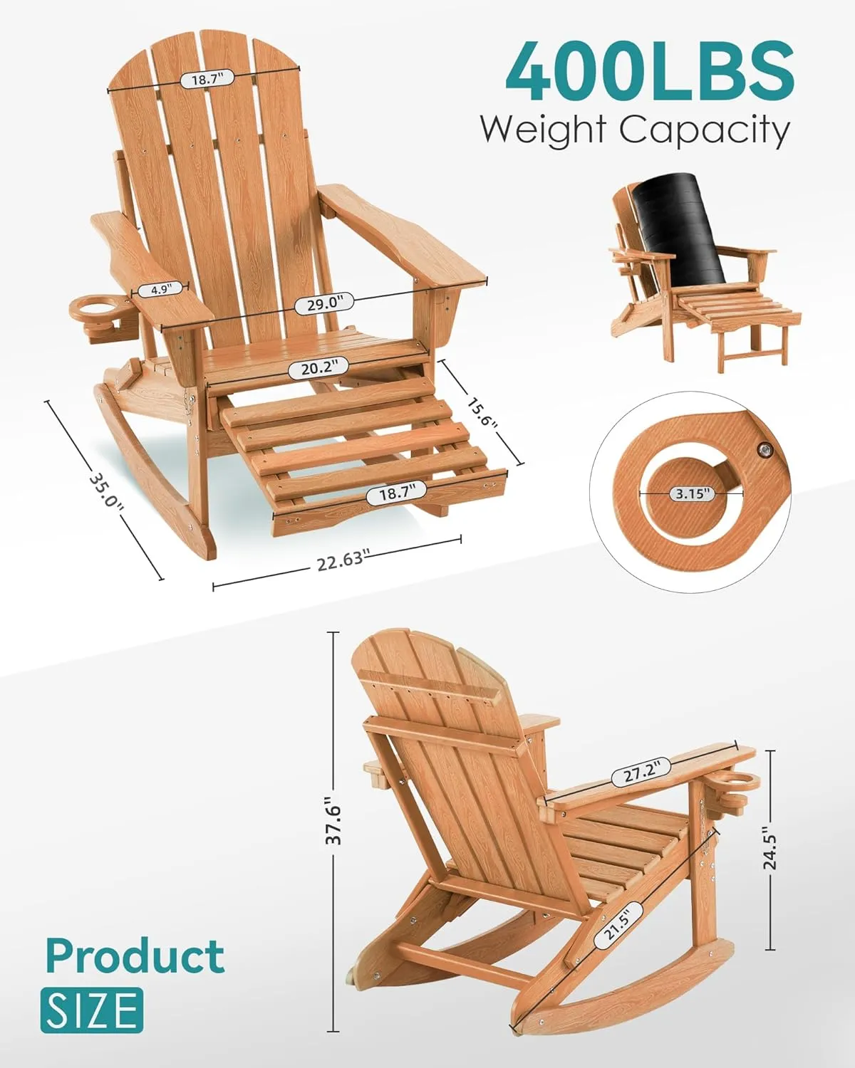 Adjustable Adirondack Rocking Chair with Retractable Ottoman, 4-in-1 Multifunctional Folding Patio Chair with Cup Holder, Outdoor Chair Wood Texture for Lawn, Porch, Backyard, Pool(Teak)