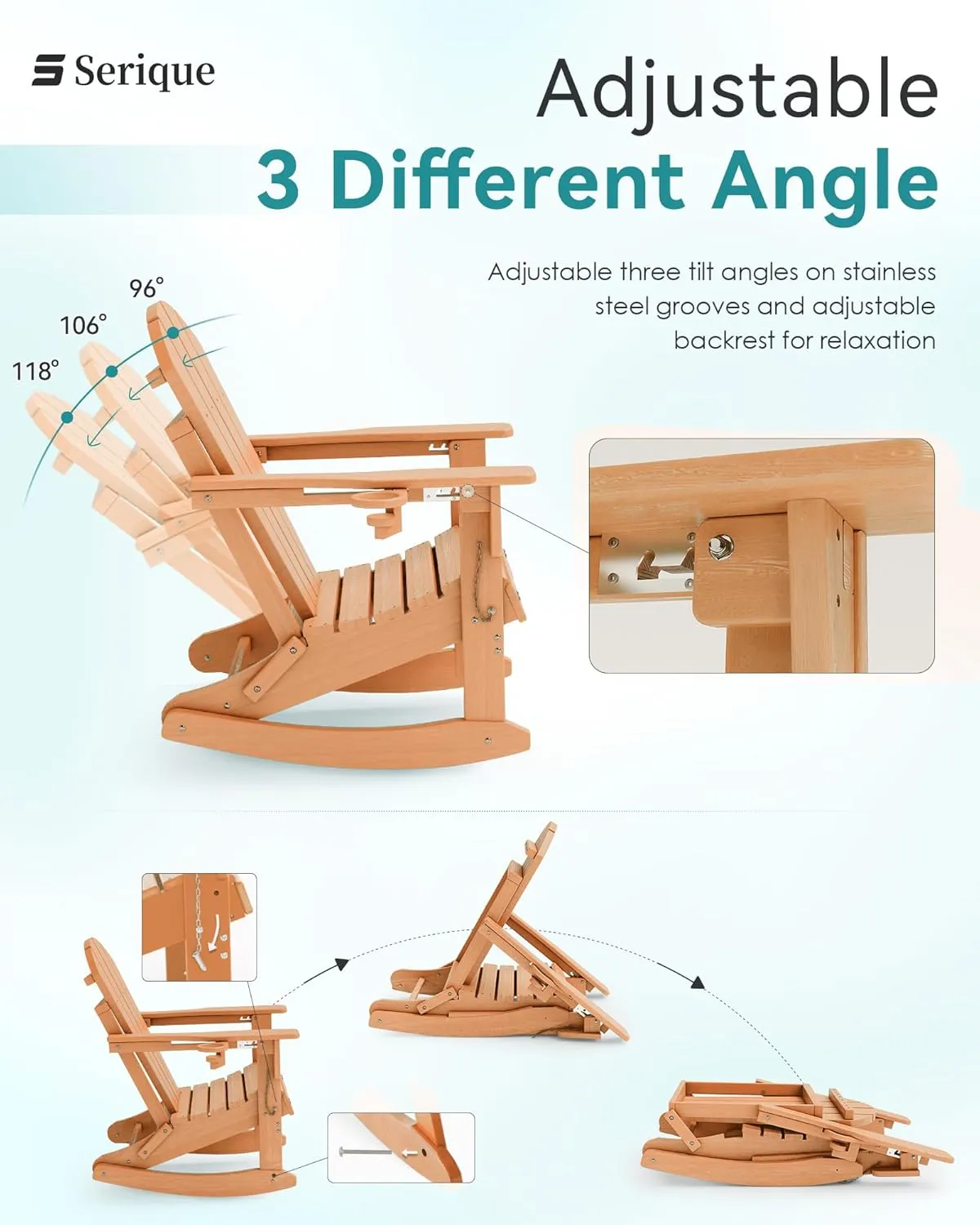Adjustable Adirondack Rocking Chair with Retractable Ottoman, 4-in-1 Multifunctional Folding Patio Chair with Cup Holder, Outdoor Chair Wood Texture for Lawn, Porch, Backyard, Pool(Teak)