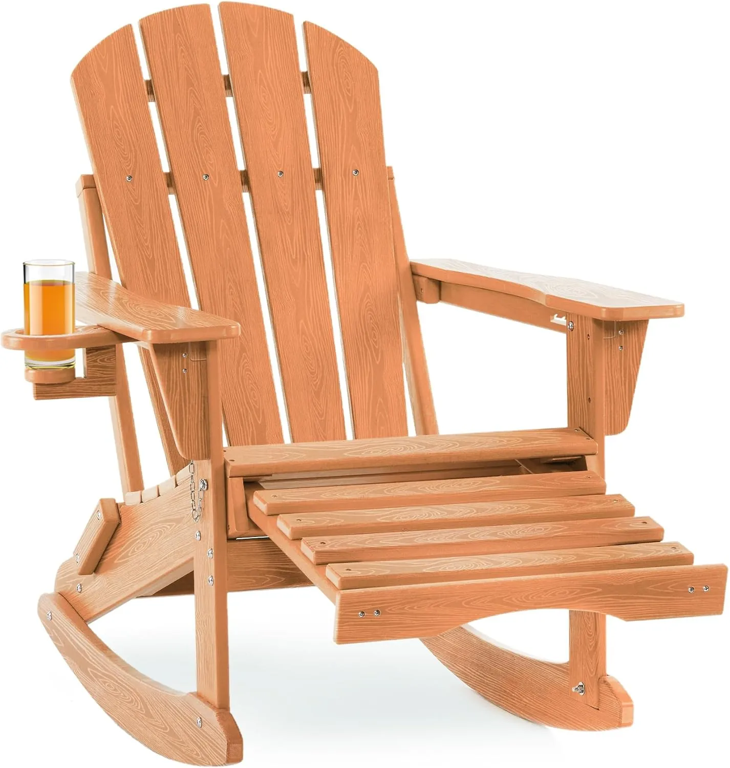 Adjustable Adirondack Rocking Chair with Retractable Ottoman, 4-in-1 Multifunctional Folding Patio Chair with Cup Holder, Outdoor Chair Wood Texture for Lawn, Porch, Backyard, Pool(Teak)