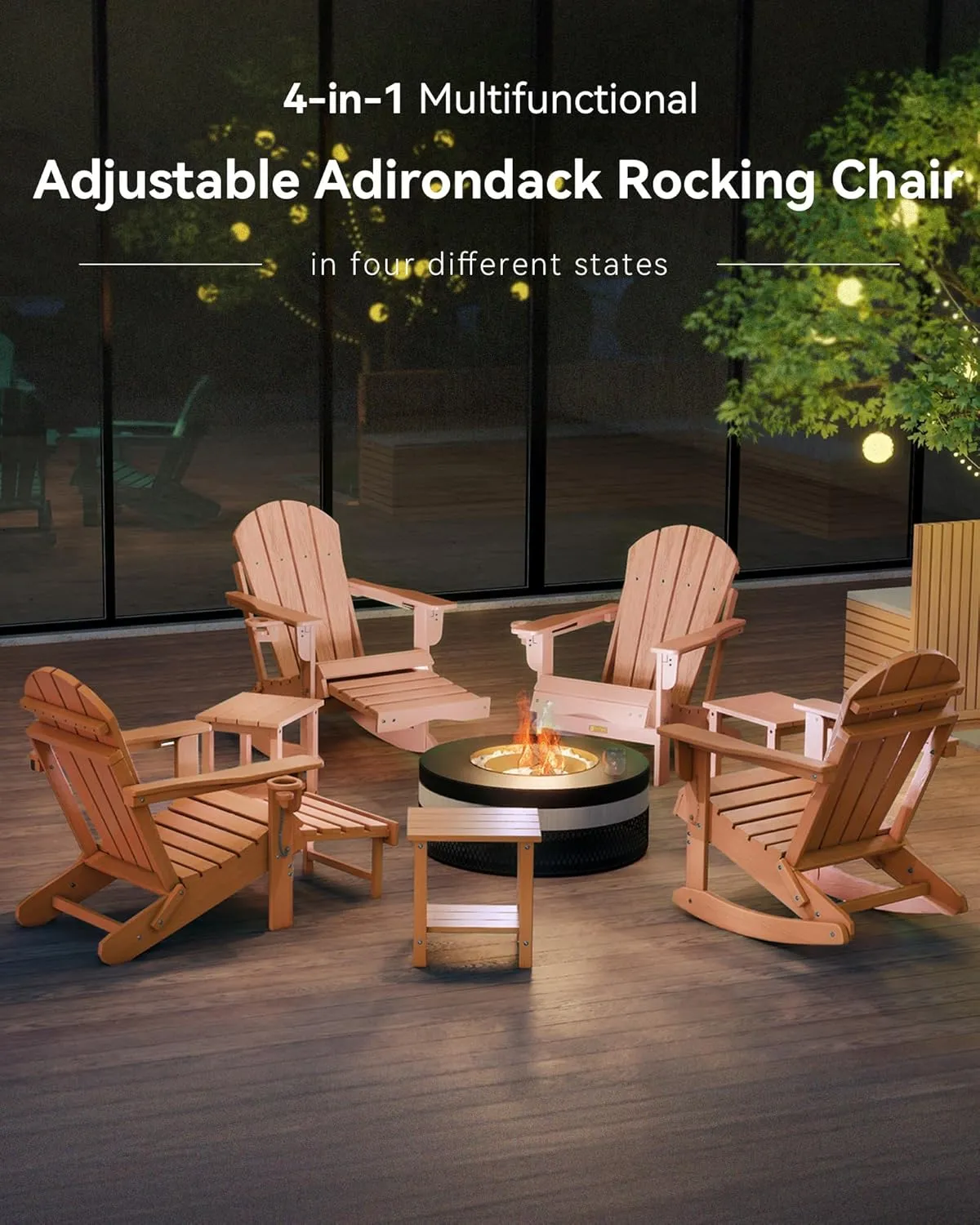 Adjustable Adirondack Rocking Chair with Retractable Ottoman, 4-in-1 Multifunctional Folding Patio Chair with Cup Holder, Outdoor Chair Wood Texture for Lawn, Porch, Backyard, Pool(Teak)