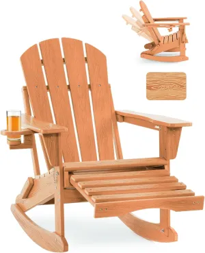 Adjustable Adirondack Rocking Chair with Retractable Ottoman, 4-in-1 Multifunctional Folding Patio Chair with Cup Holder, Outdoor Chair Wood Texture for Lawn, Porch, Backyard, Pool(Teak)