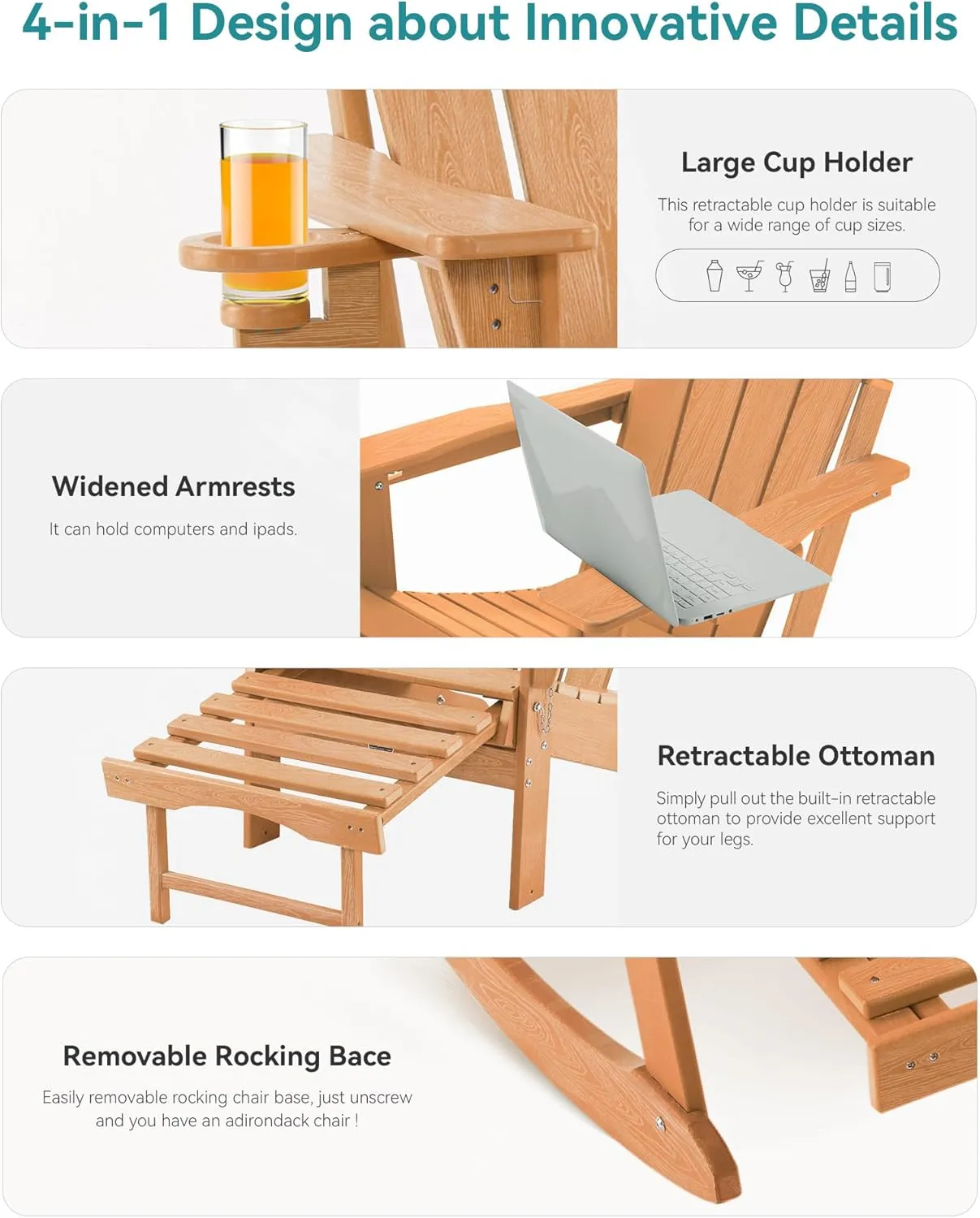 Adjustable Adirondack Rocking Chair with Retractable Ottoman, 4-in-1 Multifunctional Folding Patio Chair with Cup Holder, Outdoor Chair Wood Texture for Lawn, Porch, Backyard, Pool(Teak)
