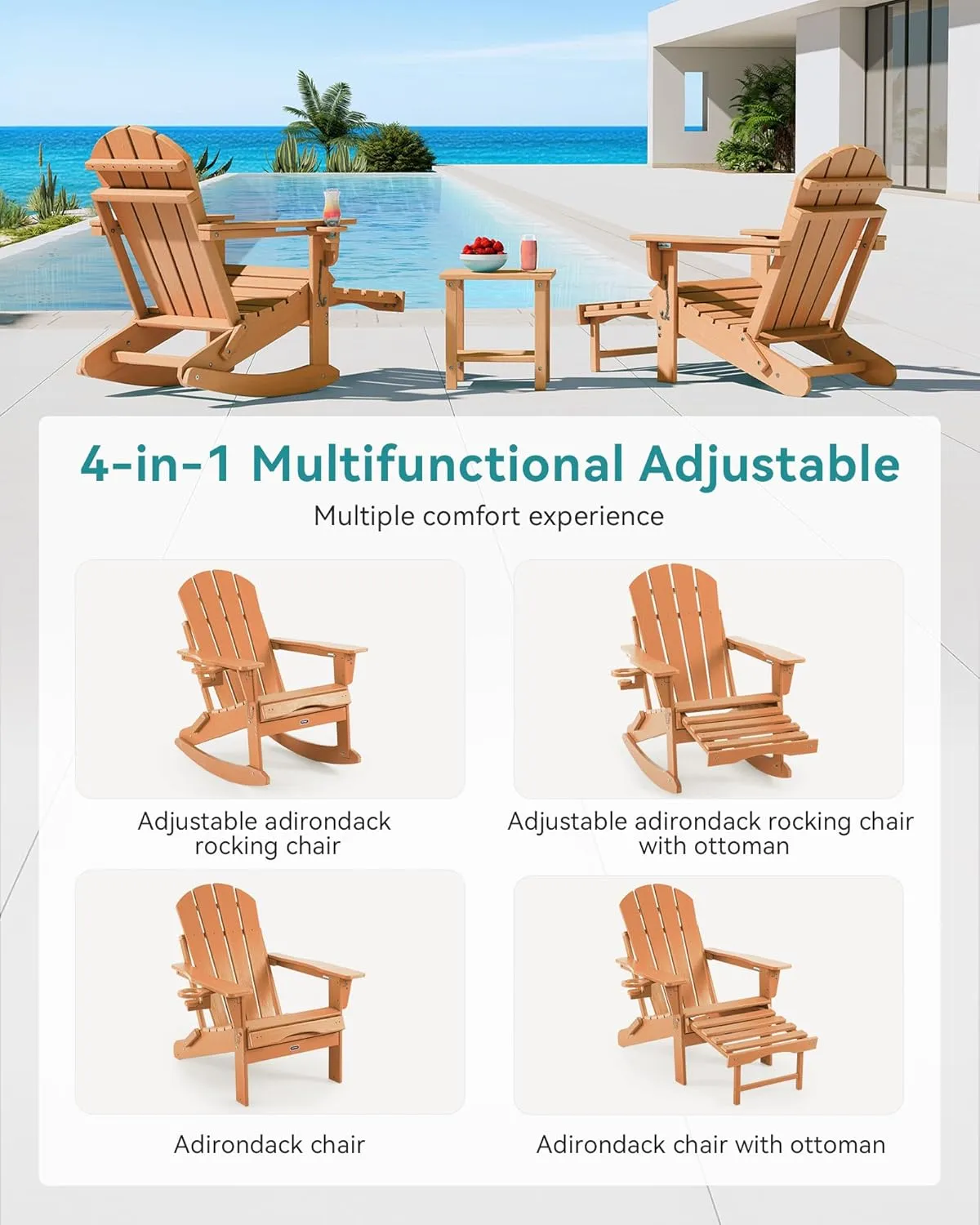 Adjustable Adirondack Rocking Chair with Retractable Ottoman, 4-in-1 Multifunctional Folding Patio Chair with Cup Holder, Outdoor Chair Wood Texture for Lawn, Porch, Backyard, Pool(Teak)