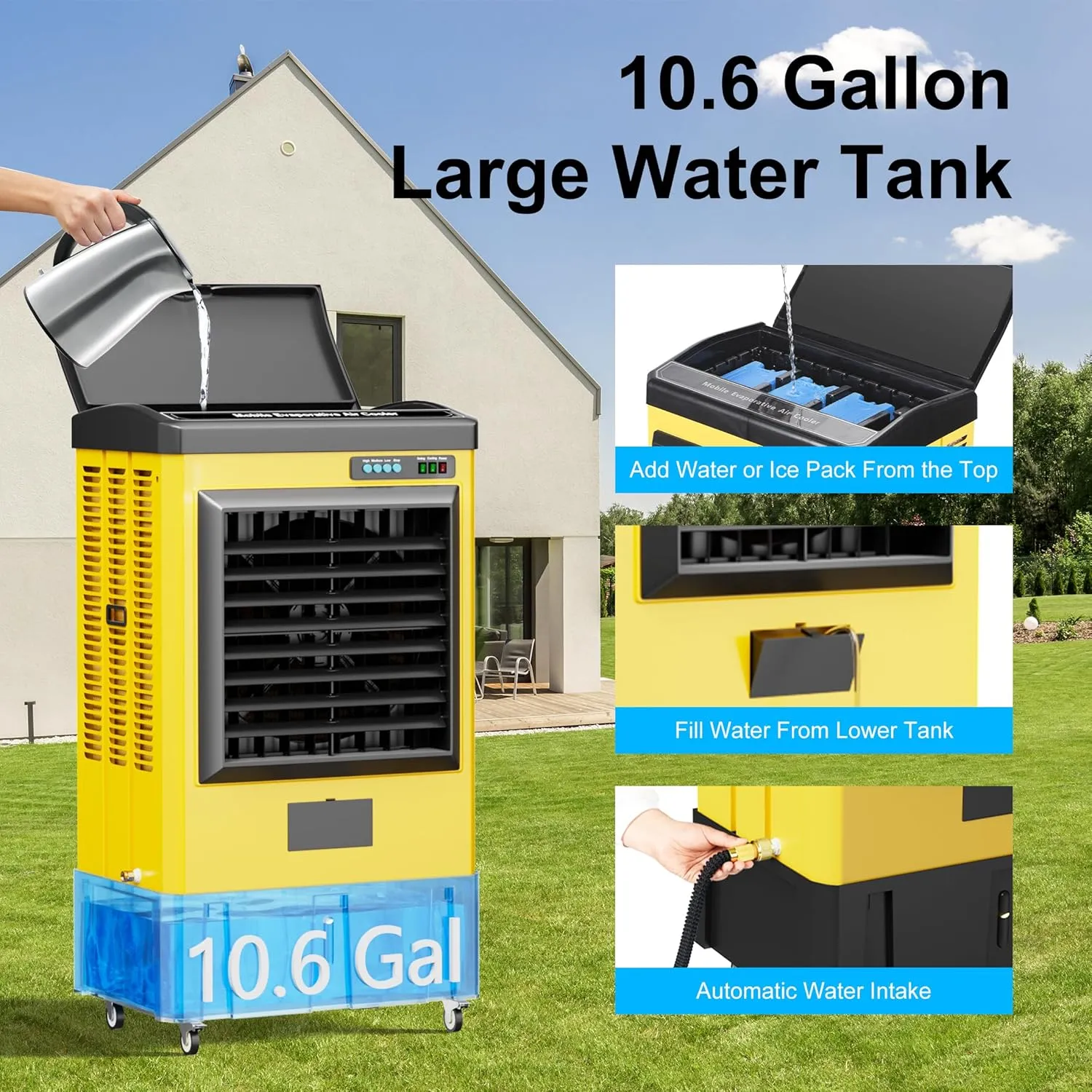 AKIRES 4800CFM Swamp Coolers,Evaporative Air Cooler for 970Sq.ft of Space,with Continuous Auto Fill,10.6-Gal Water Tank,120°Oscillation,3 Ice Packs,Cooling Fan for Outdoor,Indoor, Yellow(41IN)