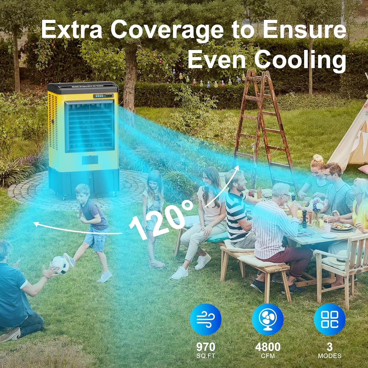 AKIRES 4800CFM Swamp Coolers,Evaporative Air Cooler for 970Sq.ft of Space,with Continuous Auto Fill,10.6-Gal Water Tank,120°Oscillation,3 Ice Packs,Cooling Fan for Outdoor,Indoor, Yellow(41IN)