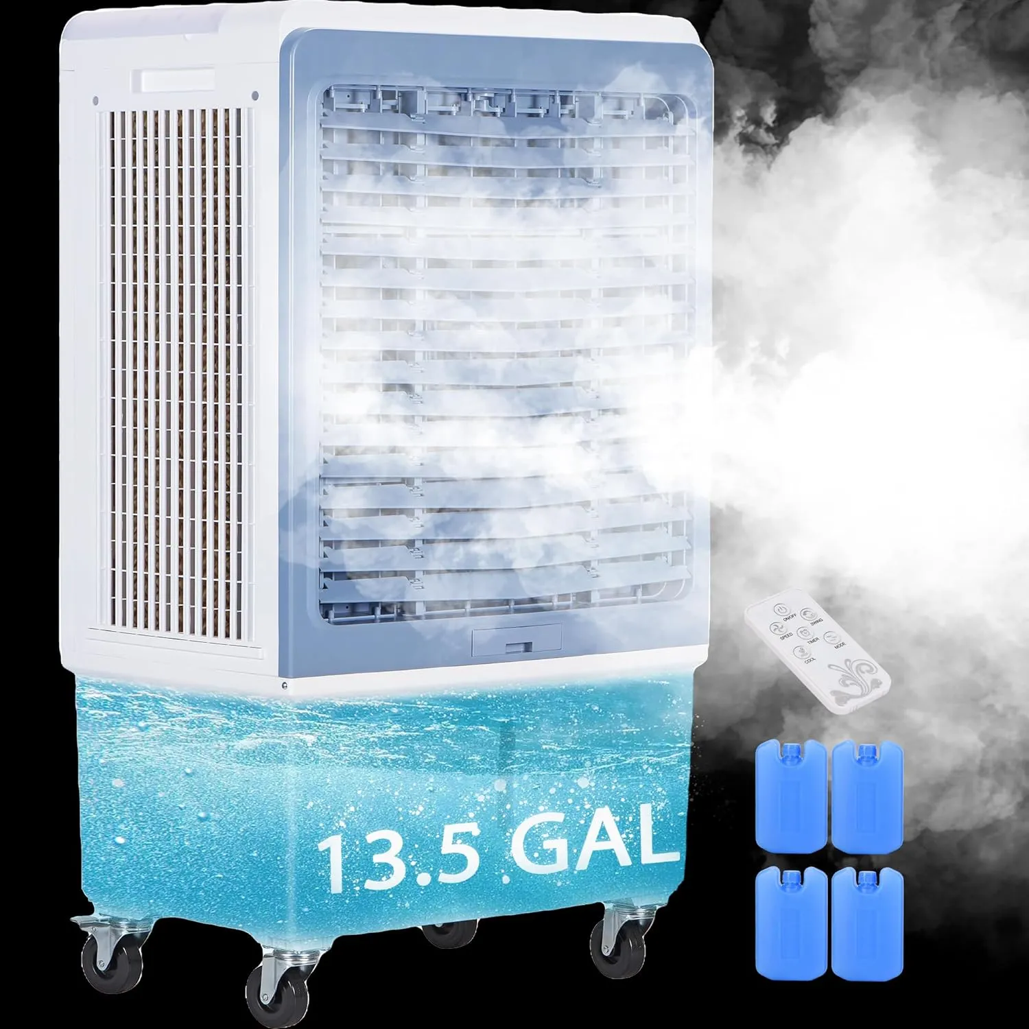 AKIRES 6000CFM Large Swamp Cooler with 13.5-Gal Water Tank,3-IN-1 Evaporative Air Cooler with Remote Control,4 Ice Packs,12H Timer, Evaporative Cooler for Indoor,Outdoor,Garage Use(46IN)