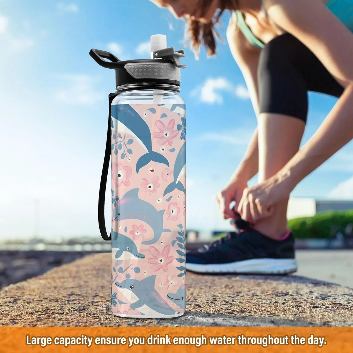 ALAZA Dolphin Pink Sport Water Bottle with Straw Lid 32 oz Clear Bottle BPA Free Tritan Plastic Leakproof Jugs Large Flip Top for Kids Boys Girls