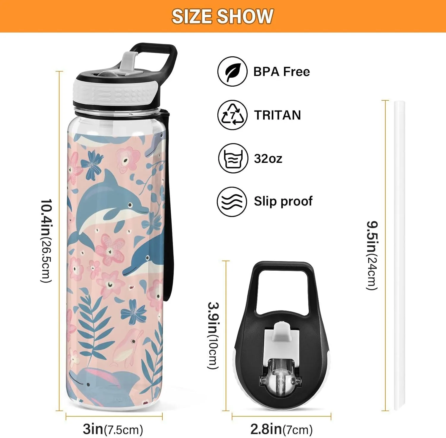 ALAZA Dolphin Pink Sport Water Bottle with Straw Lid 32 oz Clear Bottle BPA Free Tritan Plastic Leakproof Jugs Large Flip Top for Kids Boys Girls
