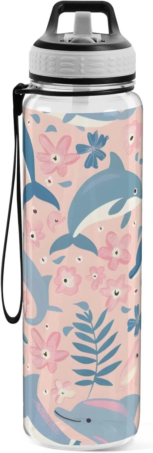ALAZA Dolphin Pink Sport Water Bottle with Straw Lid 32 oz Clear Bottle BPA Free Tritan Plastic Leakproof Jugs Large Flip Top for Kids Boys Girls