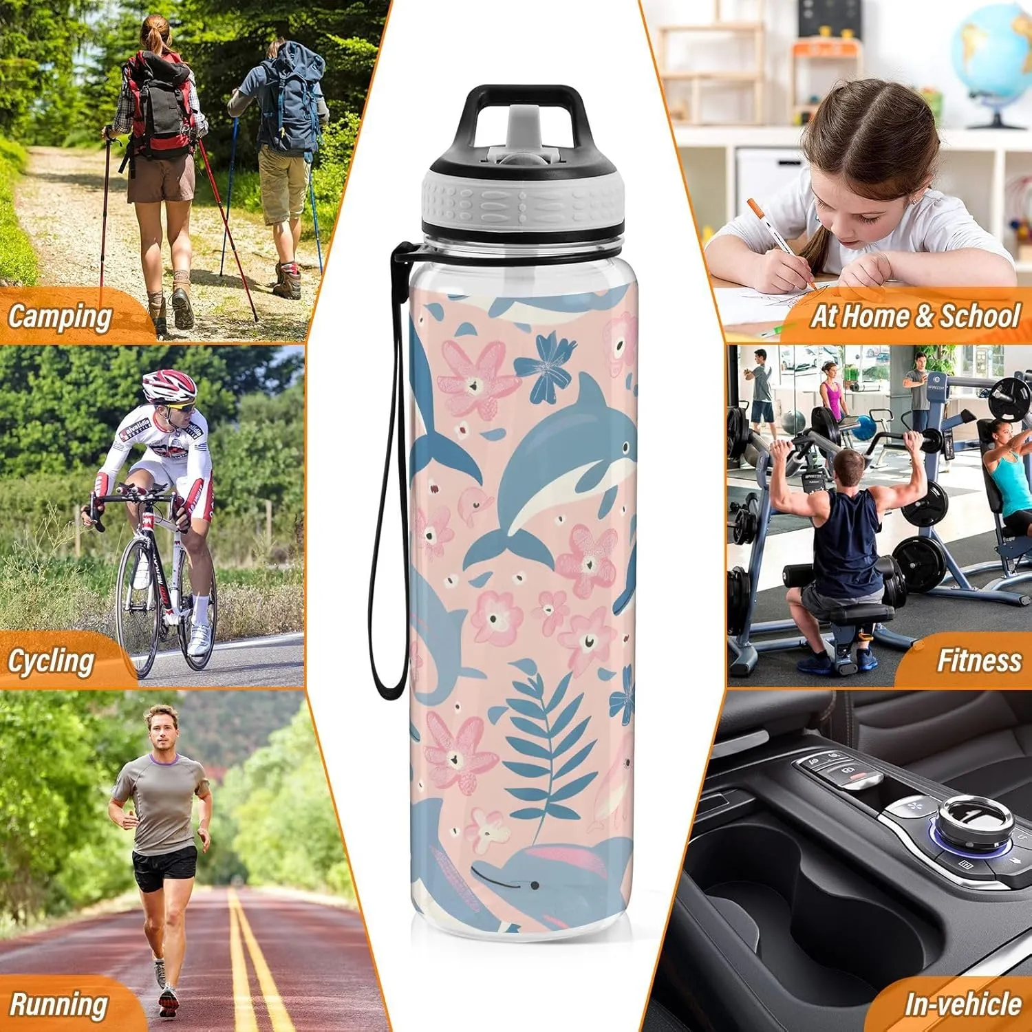 ALAZA Dolphin Pink Sport Water Bottle with Straw Lid 32 oz Clear Bottle BPA Free Tritan Plastic Leakproof Jugs Large Flip Top for Kids Boys Girls