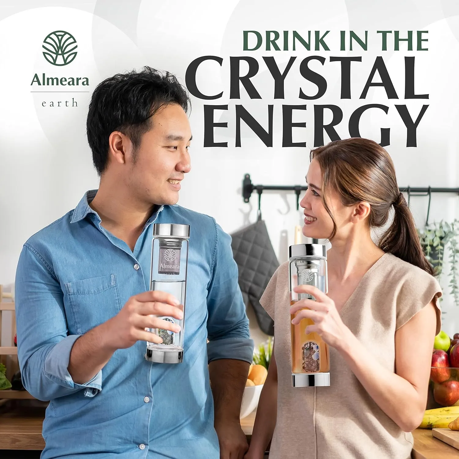 Almeara Crystal Water Bottle with Authentic Moss Agate, Opal Stones & Smoky Quartz Removable Gemstones, Loose Leaf Tea Infuser - Relaxation, Healing & Spiritual Gifts for Women - Witchcraft Supplies