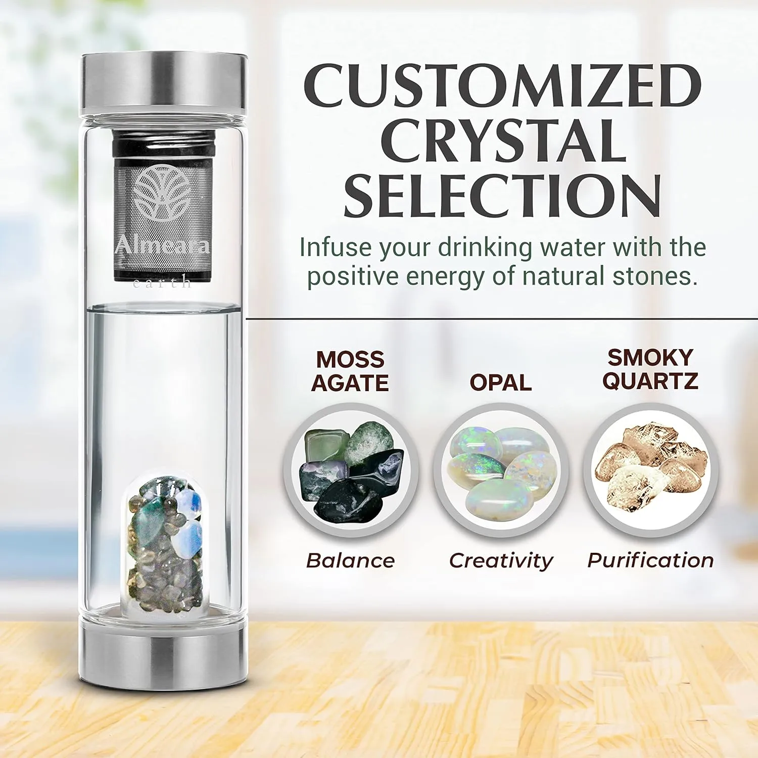 Almeara Crystal Water Bottle with Authentic Moss Agate, Opal Stones & Smoky Quartz Removable Gemstones, Loose Leaf Tea Infuser - Relaxation, Healing & Spiritual Gifts for Women - Witchcraft Supplies