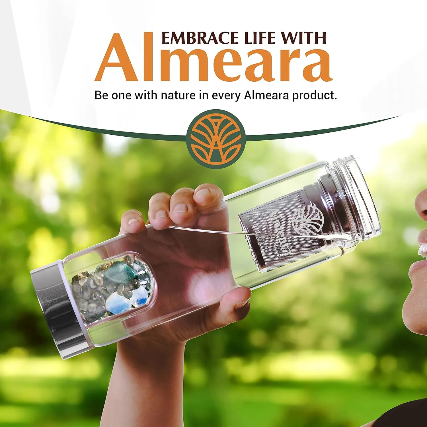 Almeara Crystal Water Bottle with Authentic Moss Agate, Opal Stones & Smoky Quartz Removable Gemstones, Loose Leaf Tea Infuser - Relaxation, Healing & Spiritual Gifts for Women - Witchcraft Supplies