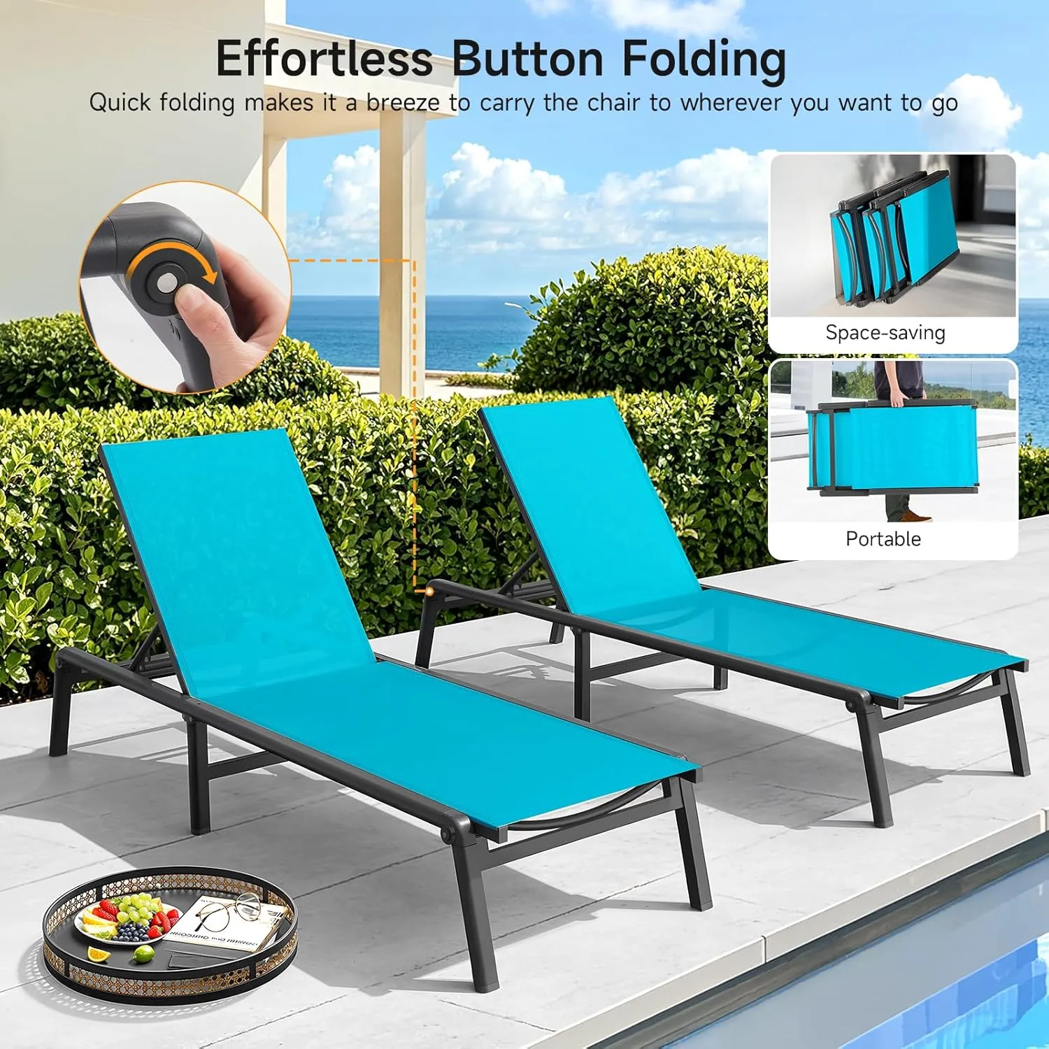 Aluminum Chaise Lounge Chair Outdoor, Foldable & Assembly Free Outdoor Lounge Chair with 5 Position Adjustable Backrest, Patio Pool Lounge Chairs for Outside Poolside Beach Lawn, 1PC, Lake Blue