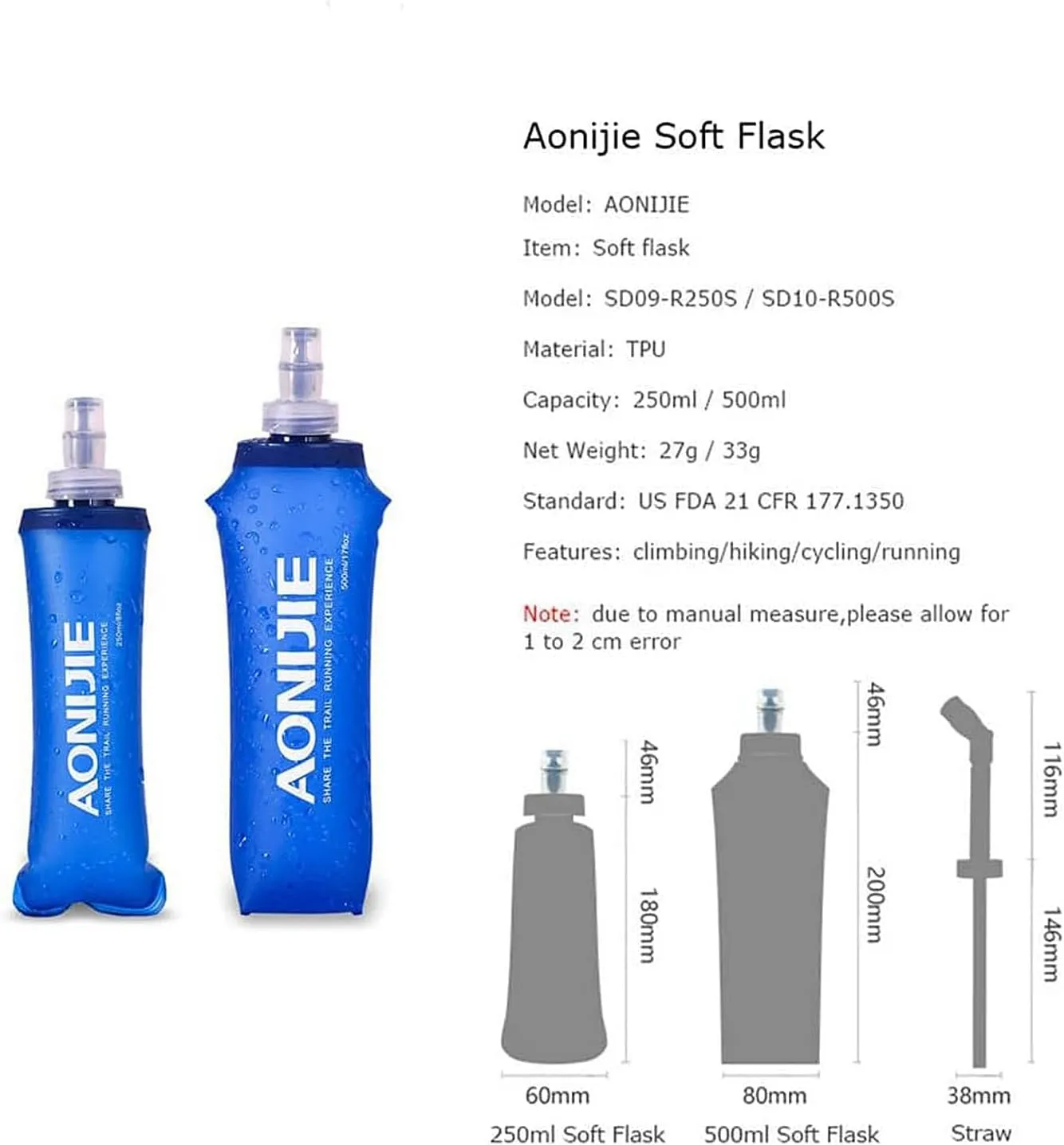 AONIJIE TPU Soft Folding Water Bottles Collapsible Flask for Hydration Pack for Running Hiking Cycling Climbing Pack of 2 (250ml with Straw -Pack of 2)