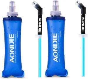 AONIJIE TPU Soft Folding Water Bottles Collapsible Flask for Hydration Pack for Running Hiking Cycling Climbing Pack of 2 (250ml with Straw -Pack of 2)
