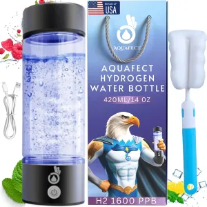 Aquafect Hydrogen Water Bottle Generator, with Brush, 3 Mins Fastest SPE PEM Water Ionizer with H2 1600 PPB,14 Oz Alkaline Water, Bottled Water Ideal for Home, Office, Gym, Travel (Black)