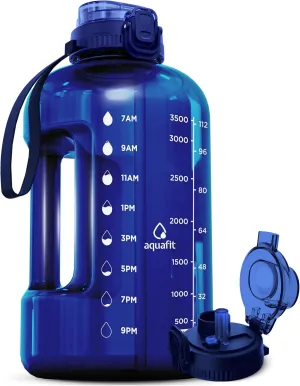 AQUAFIT 1 Gallon Water Bottle with Time Marker - 2in1 Straw & Chug Lid - BPA Free Big Water Bottle with Straw - Gym Water Bottle with Handle - Gallon Water Jug (128 oz - 2in1 Lid, Blue)