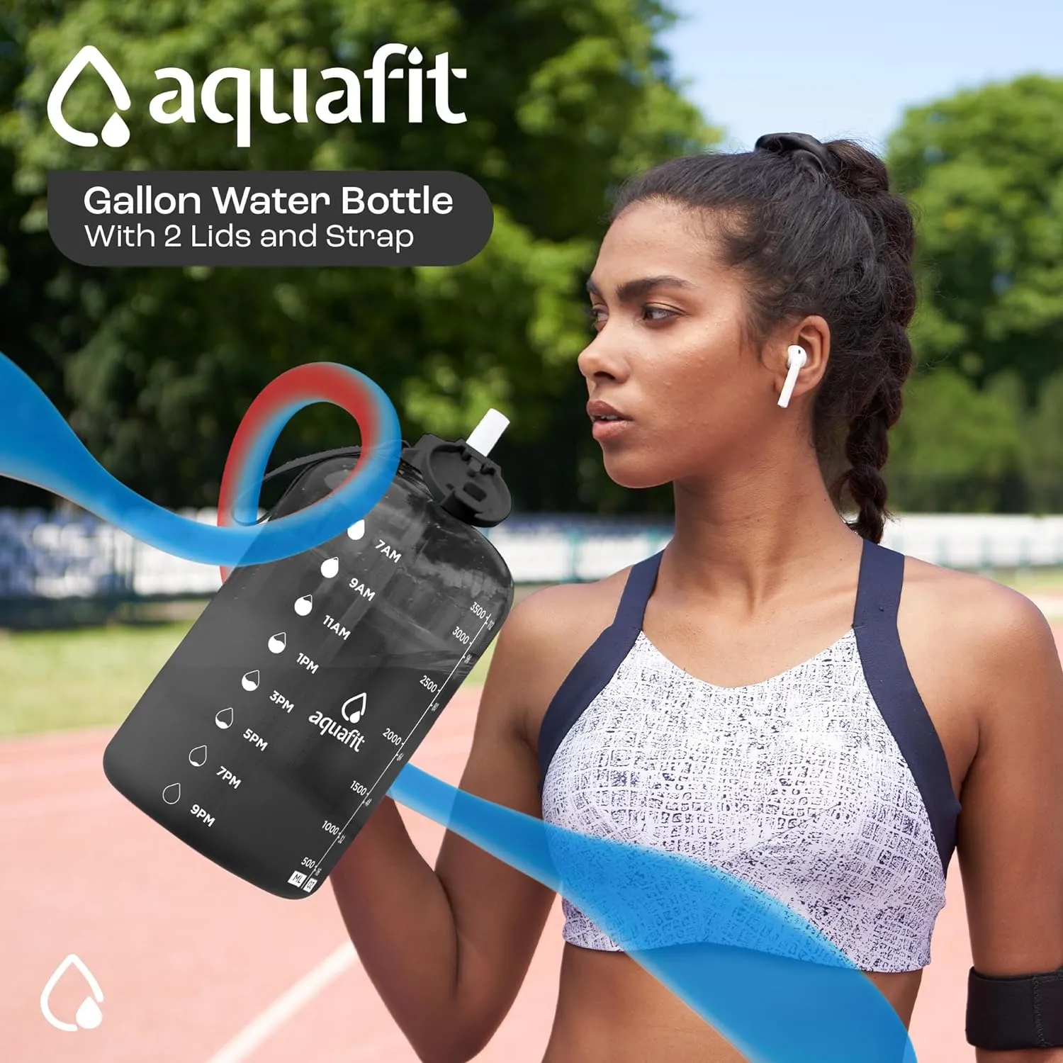 AQUAFIT 1 Gallon Water Bottle With Times To Drink - 128 oz Straw Motivational Large Sports Time Marker Gym Jug