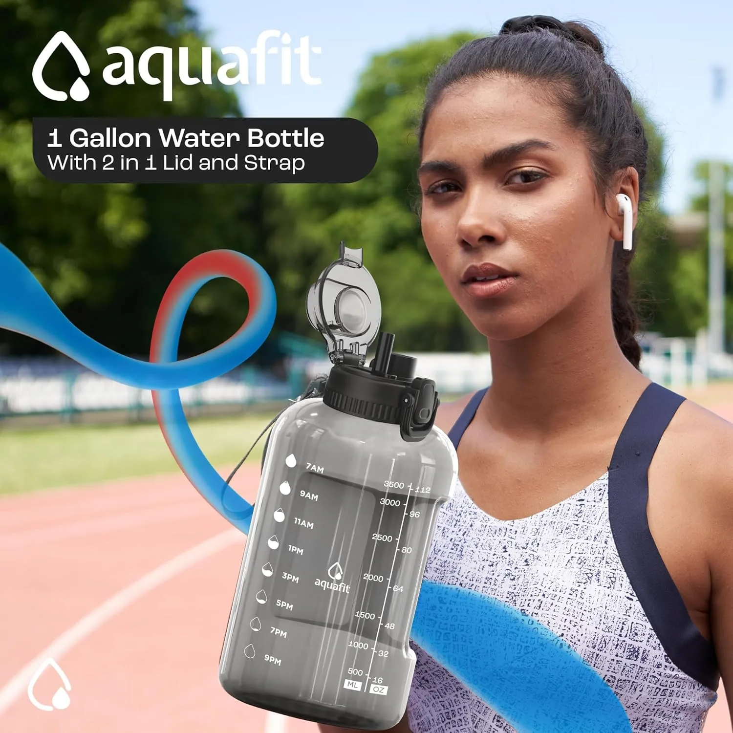 AQUAFIT 128 oz Water Bottle with Time Marker, BPA Free 1 Gallon Gym Water Bottle with Handle, Ombre, 128oz 2in1 Lid