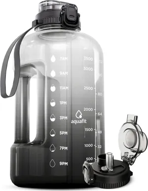 AQUAFIT 128 oz Water Bottle with Time Marker, BPA Free 1 Gallon Gym Water Bottle with Handle, Ombre, 128oz 2in1 Lid