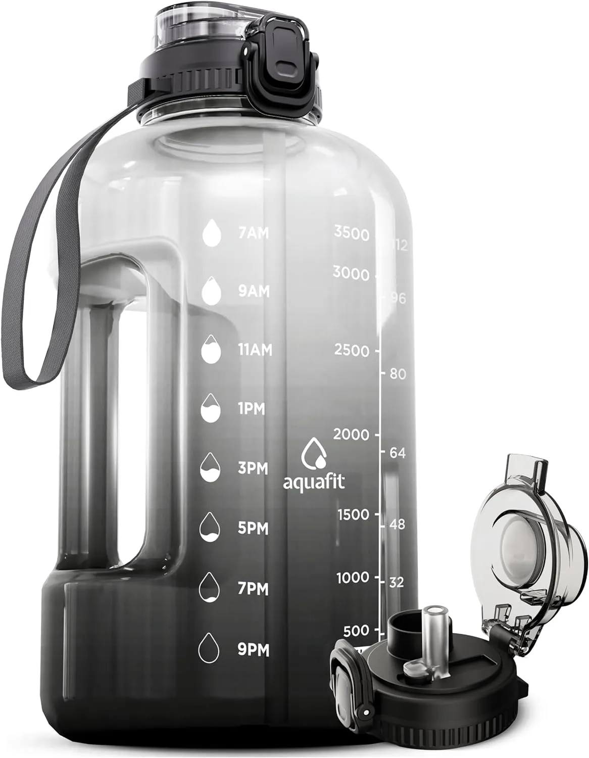 AQUAFIT 128 oz Water Bottle with Time Marker, BPA Free 1 Gallon Gym Water Bottle with Handle, Ombre, 128oz 2in1 Lid