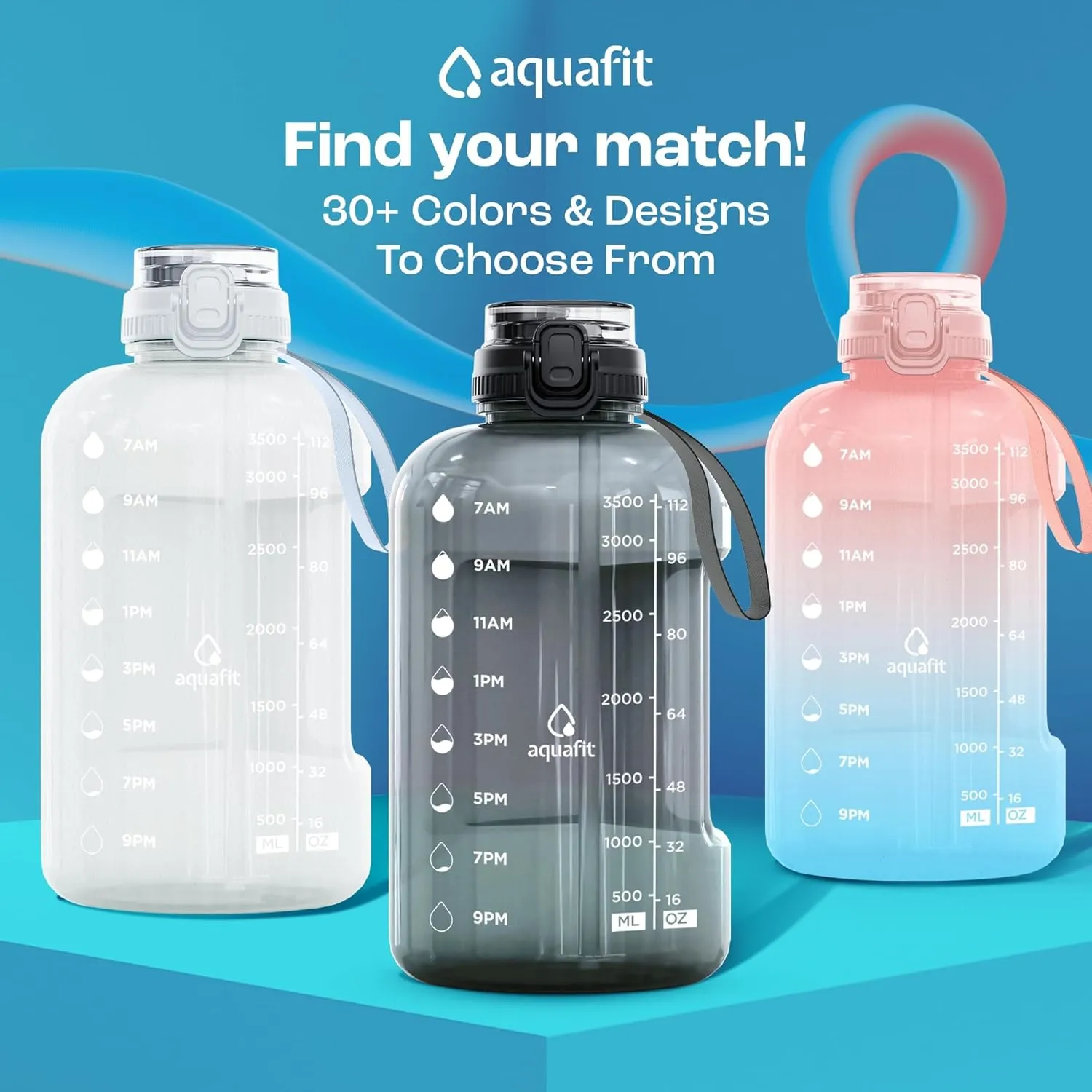 AQUAFIT 128 oz Water Bottle with Time Marker, BPA Free 1 Gallon Gym Water Bottle with Handle, Ombre, 128oz 2in1 Lid