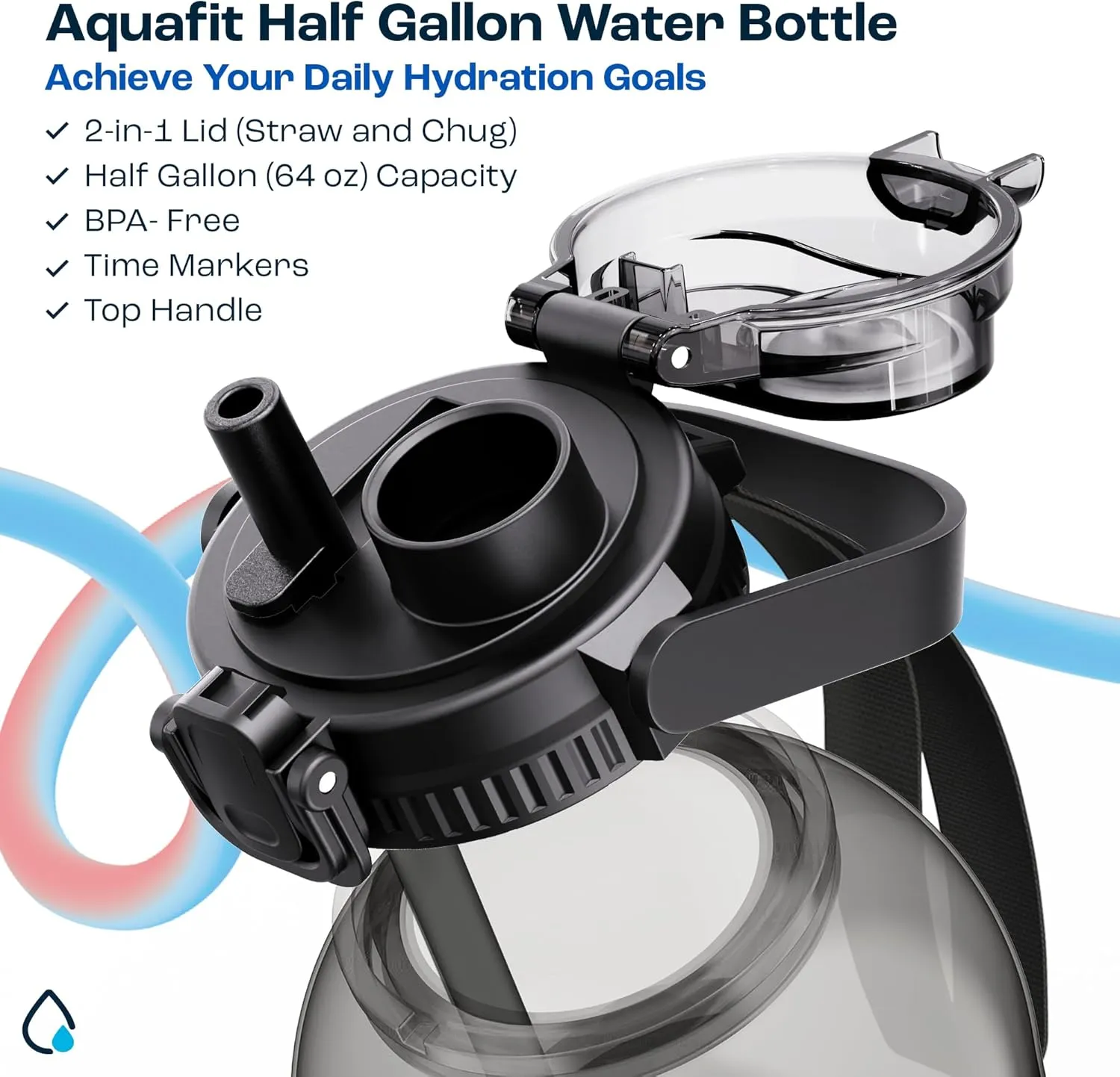 AQUAFIT 64 oz Water Bottle with Time Marker - 2in1 Straw & Chug Lid - BPA Free Big Water Bottle with Straw - Gym Water Bottle with Strap - Water Jug (64 Ounces, Blue)