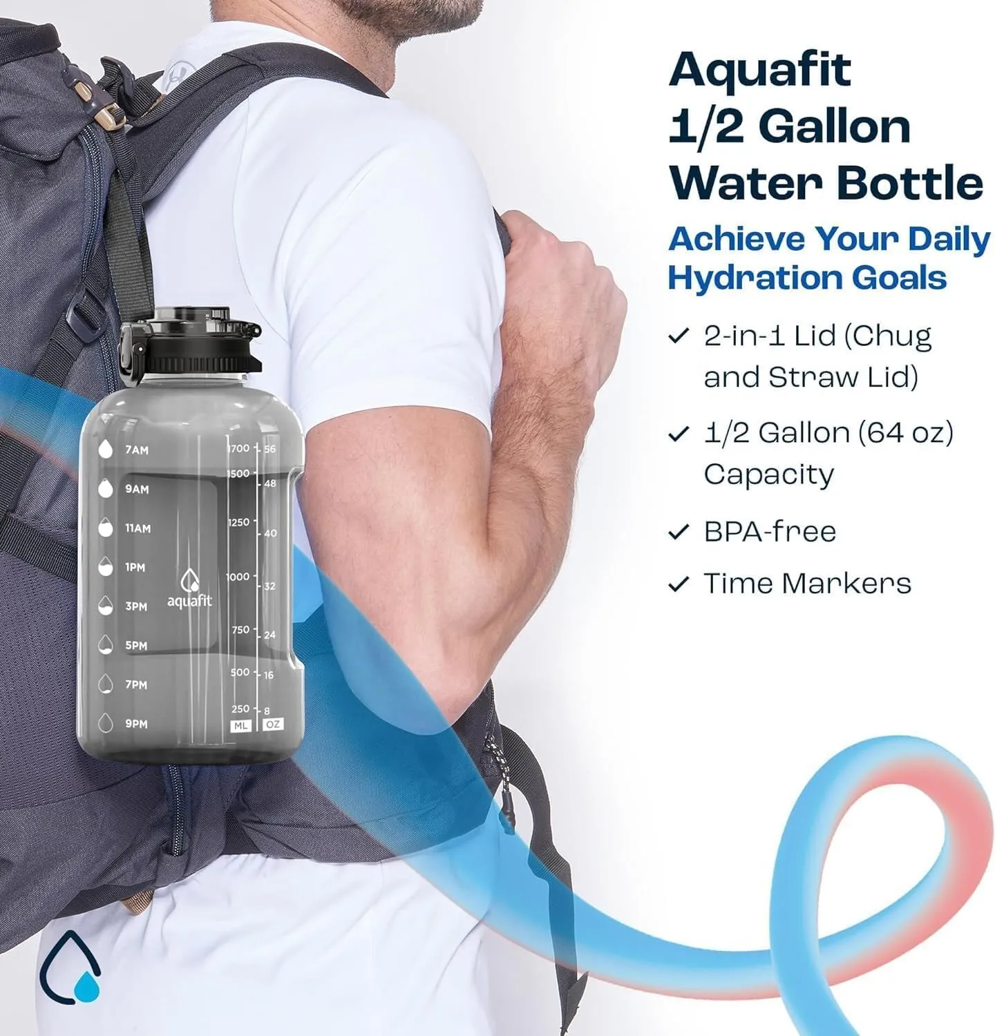 AQUAFIT 64 oz Water Bottle with Time Marker - Straw & Chug Lid - BPA Free Big Water Bottle with Straw - Gym Water Bottle with Handle - Gallon Water Jug (64 Ounces, Gray)