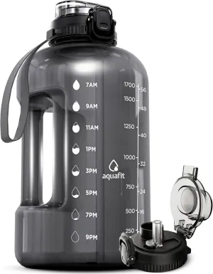 AQUAFIT 64 oz Water Bottle with Time Marker - Straw & Chug Lid - BPA Free Big Water Bottle with Straw - Gym Water Bottle with Handle - Gallon Water Jug (64 Ounces, Gray)