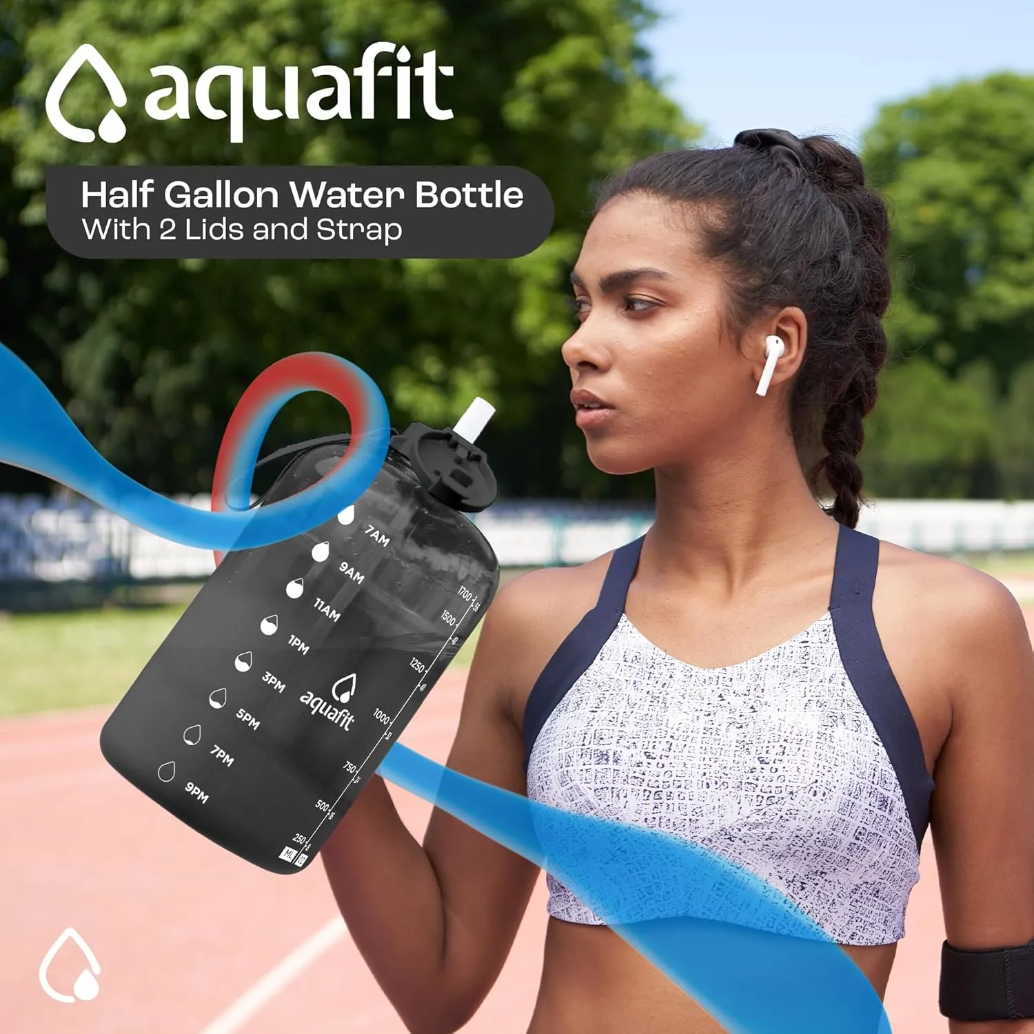 AQUAFIT 64 oz Water Bottle with Time Marker - Straw & Chug Lid - BPA Free Half Gallon Jug, Big Gym Water Jug with Handle, Frosty