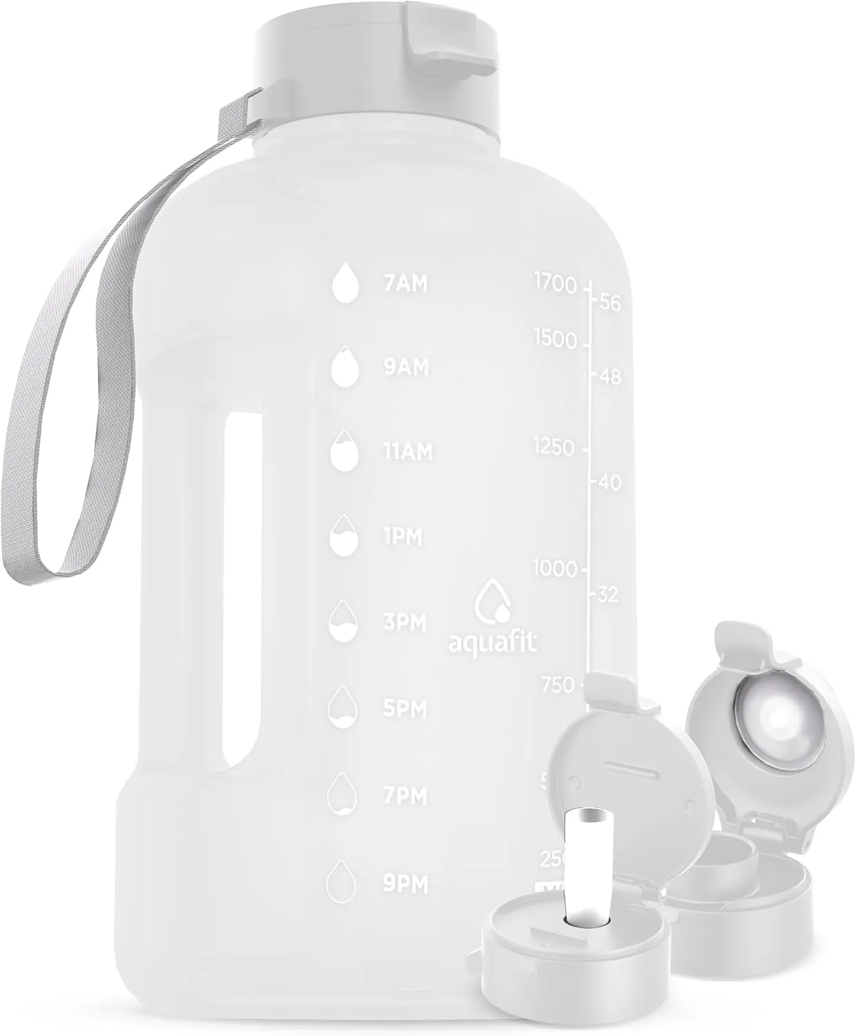 AQUAFIT 64 oz Water Bottle with Time Marker - Straw & Chug Lid - BPA Free Half Gallon Jug, Big Gym Water Jug with Handle, Frosty