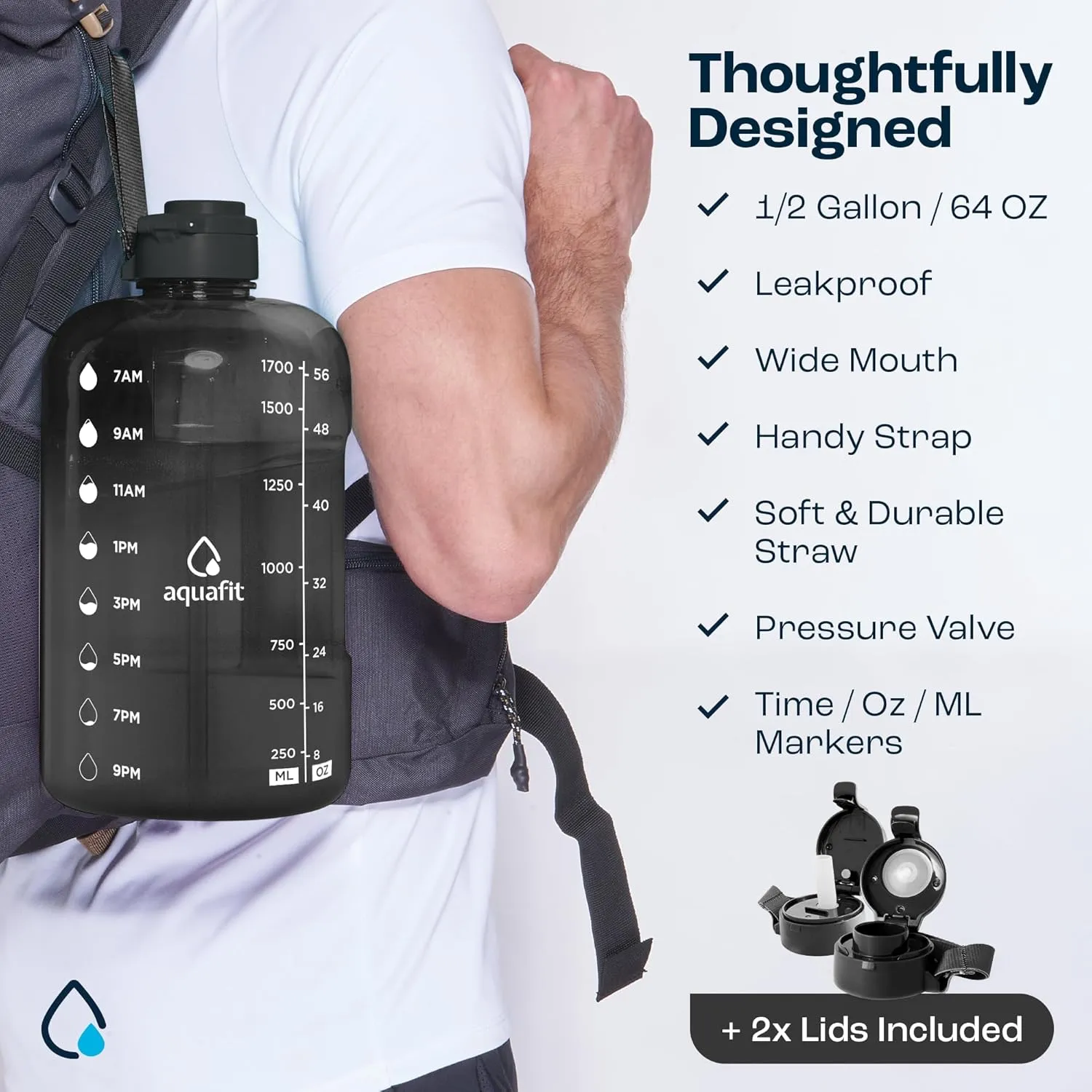 AQUAFIT 64 oz Water Bottle with Time Marker - Straw & Chug Lid - BPA Free Half Gallon Jug, Gym Bottle with Handle