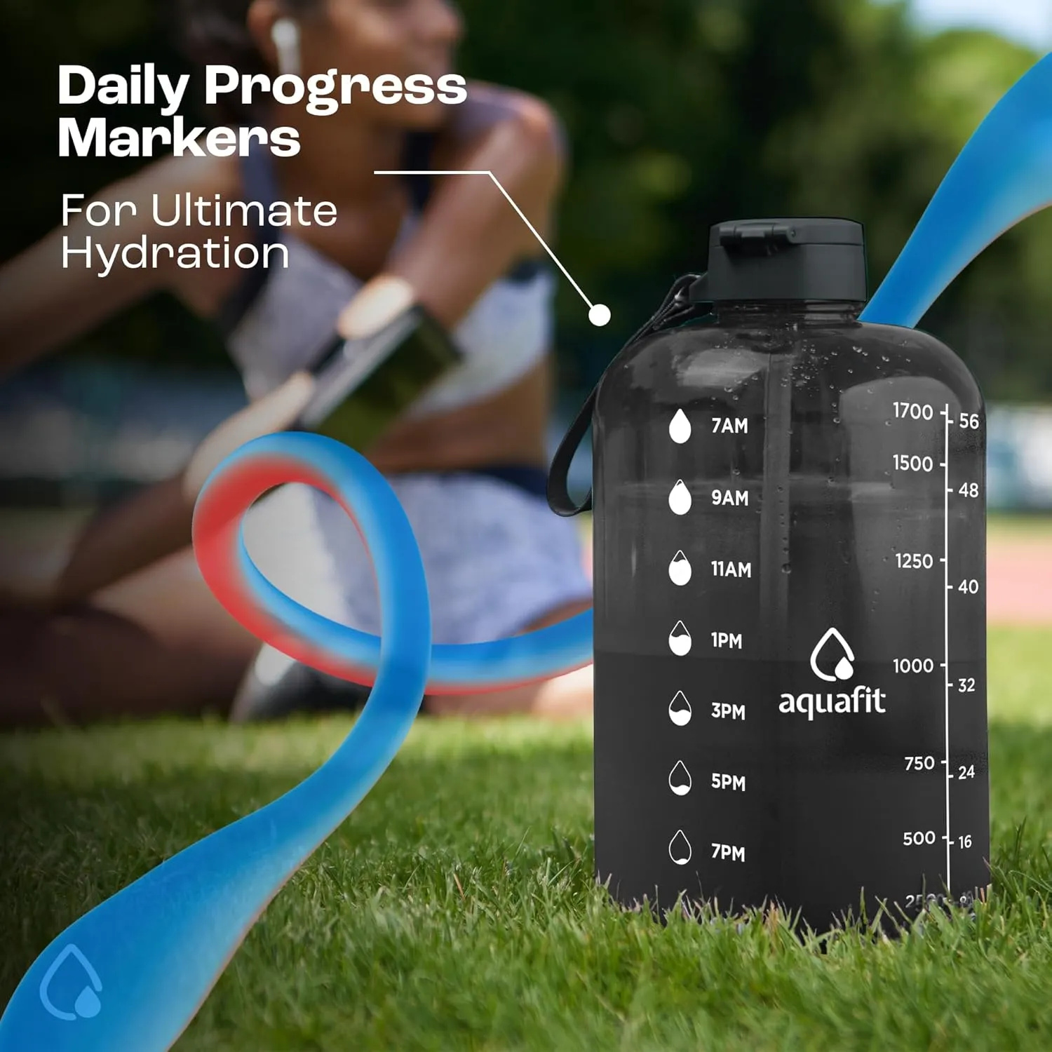 AQUAFIT 64 oz Water Bottle with Time Marker - Straw & Chug Lid - BPA Free Half Gallon Jug, Gym Bottle with Handle