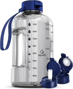 AQUAFIT 64 oz Water Bottle with Time Marker - Straw & Chug Lid - BPA Free Half Gallon Jug, Gym Bottle with Handle