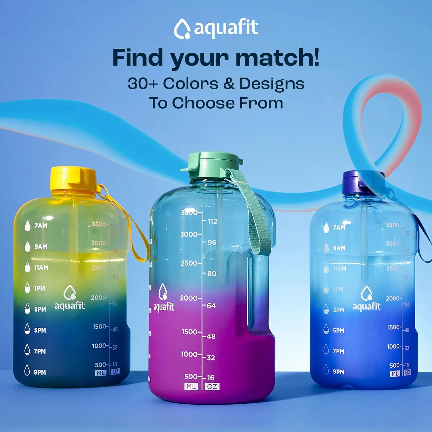 AQUAFIT 64 oz Water Bottle with Time Marker - Straw & Chug Lid - BPA Free Half Gallon Jug, Gym Bottle with Handle