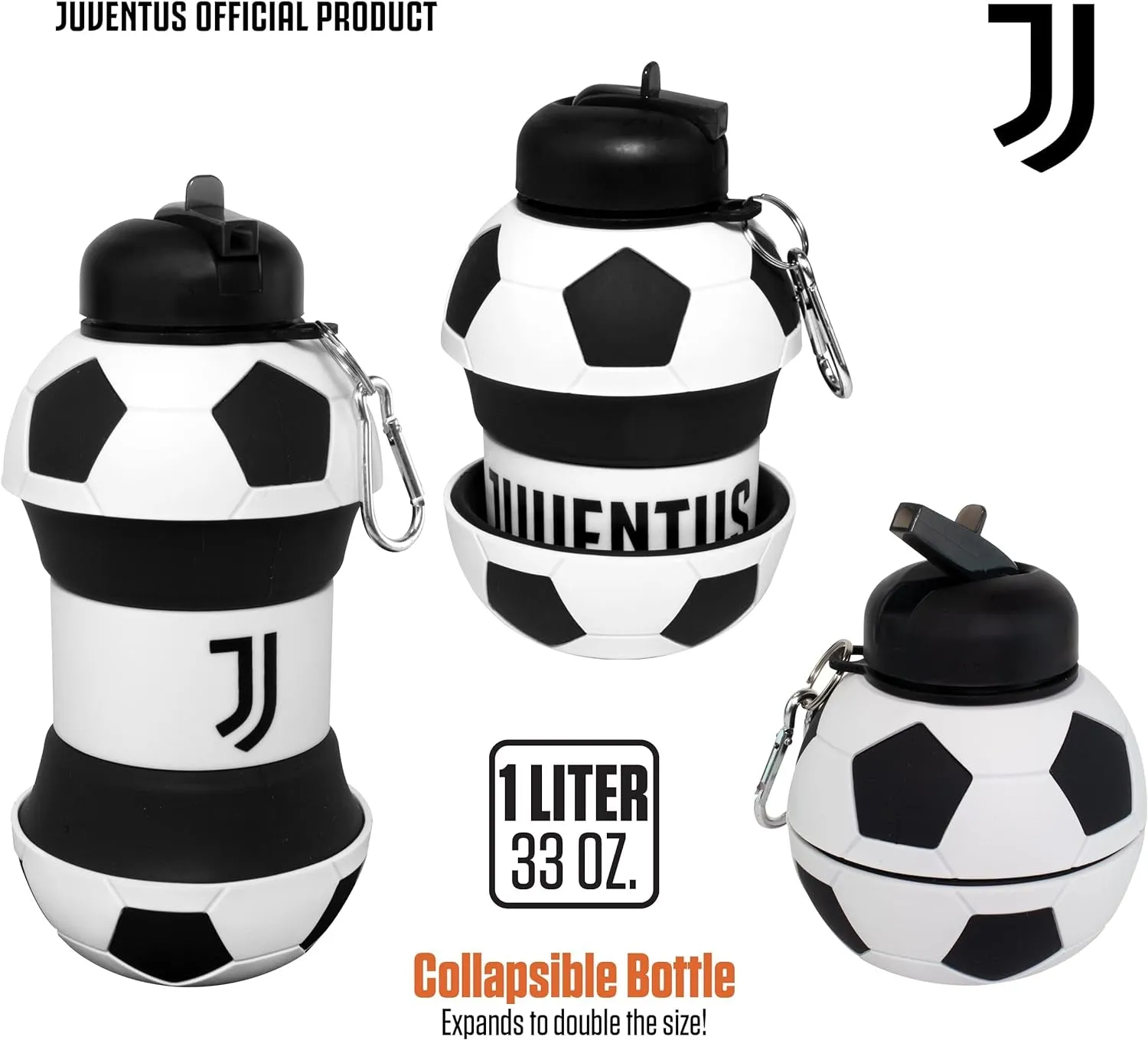 ART Juventus Clip-On Collapsible 1 Liter, 34 Oz. Size Bpa-Free Silicone Soccer Large Water Bottle