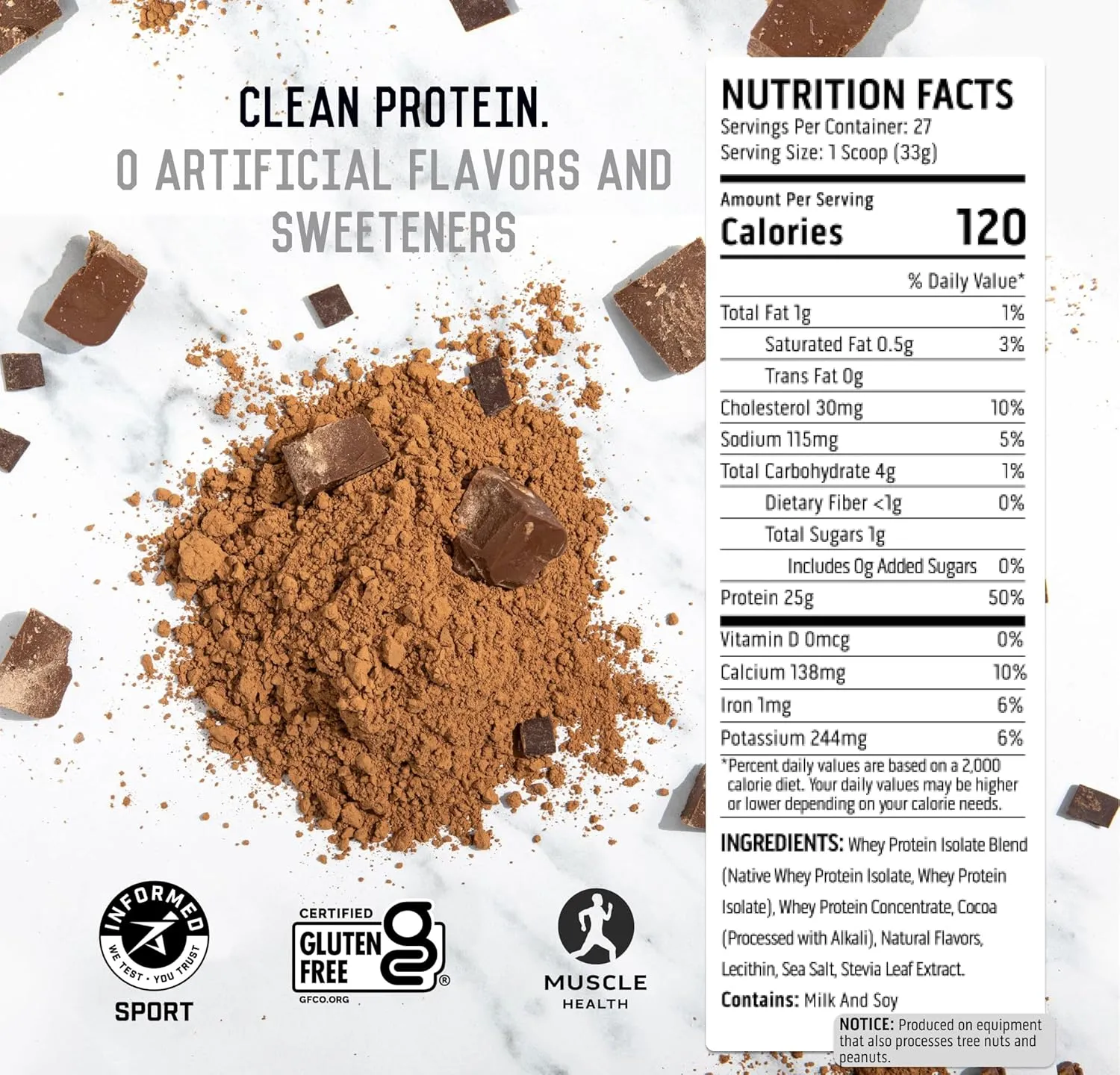 Ascent 100% Whey Protein Powder - Post Workout Whey Protein Isolate, Zero Artificial Flavors & Sweeteners, Gluten Free, 5.5g BCAA, 2.6g Leucine, Essential Amino Acids, Chocolate 2 lb