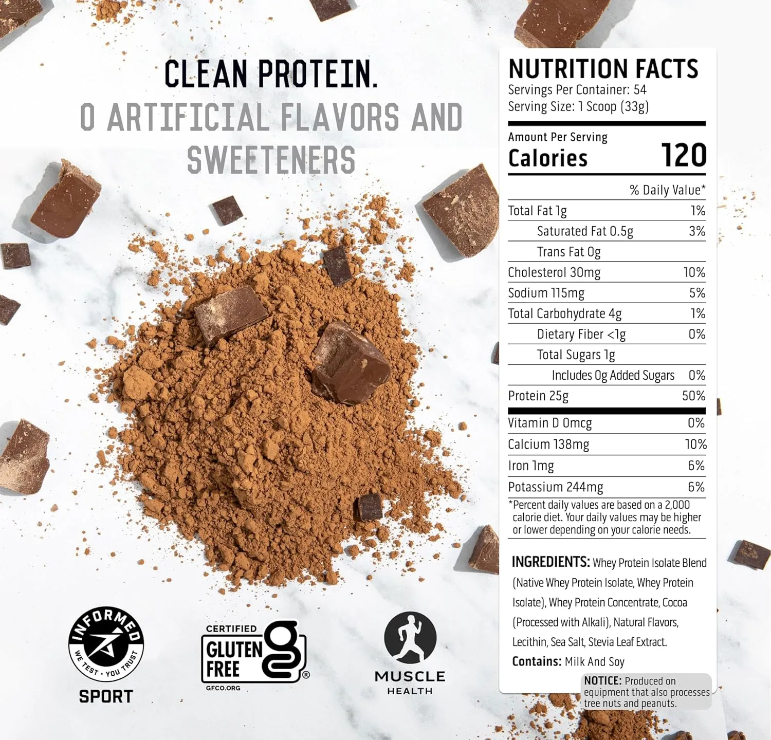 Ascent 100% Whey Protein Powder - Post Workout Whey Protein Isolate, Zero Artificial Flavors & Sweeteners, Soy & Gluten Free, 5.5g BCAA, 2.6g Leucine, Essential Amino Acids, Chocolate 4 lb
