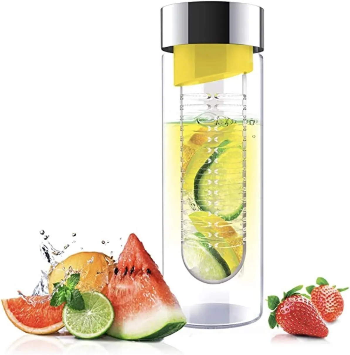 Asobu Flavor It 20 Ounce Glass Water Bottle With Fruit Infuser, Yellow Silver