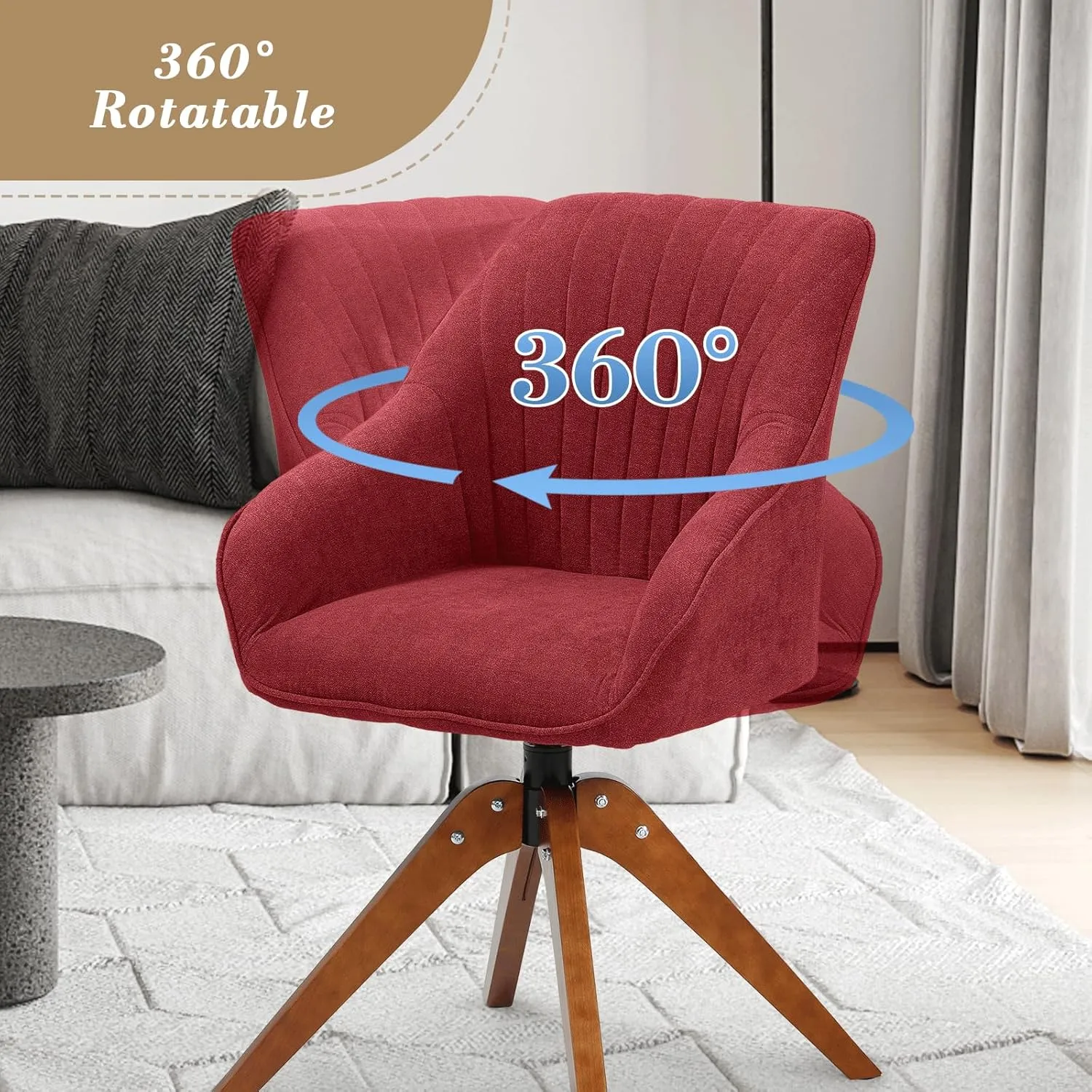 Athena Collection Swivel Modern Accent Chair, Linen Upholstered Armchair Office Desk Chair No Wheels with Wooden Legs, Comfy Vanity Chair Reading Chair for Bedroom Living Room Office, Red