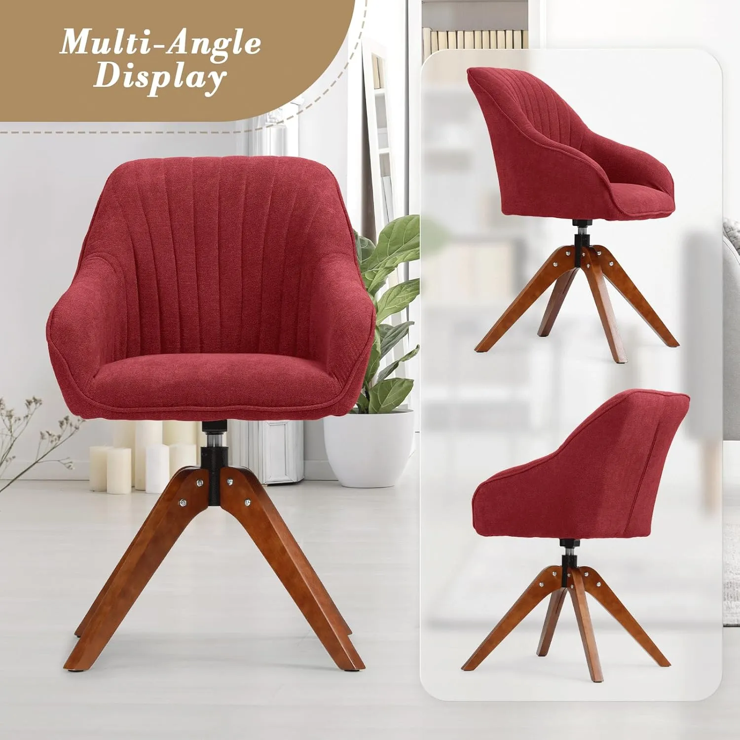Athena Collection Swivel Modern Accent Chair, Linen Upholstered Armchair Office Desk Chair No Wheels with Wooden Legs, Comfy Vanity Chair Reading Chair for Bedroom Living Room Office, Red