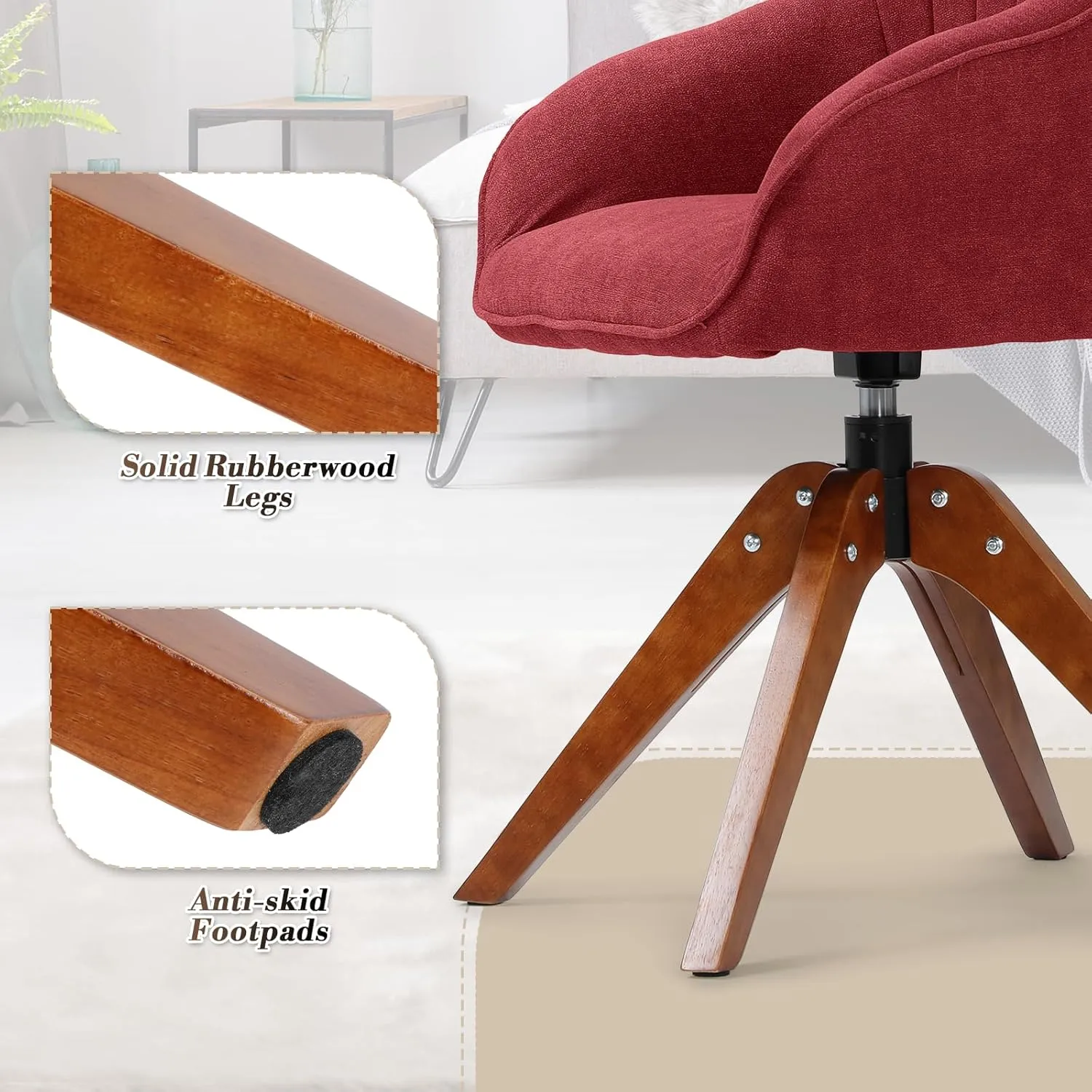 Athena Collection Swivel Modern Accent Chair, Linen Upholstered Armchair Office Desk Chair No Wheels with Wooden Legs, Comfy Vanity Chair Reading Chair for Bedroom Living Room Office, Red
