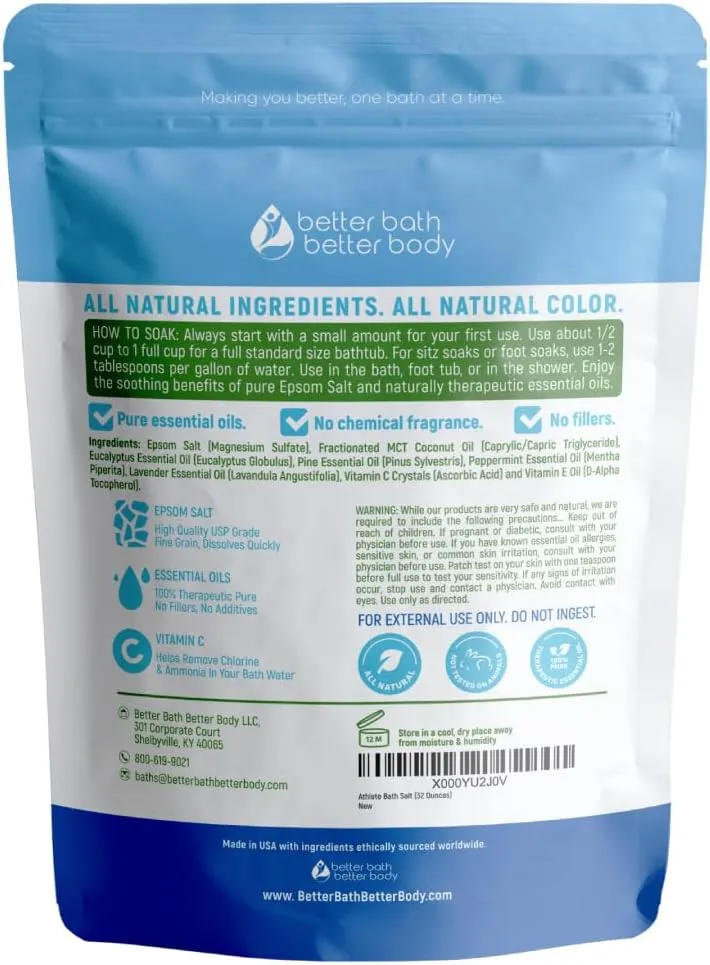 Athlete Bath Salt 32 Ounces Epsom Salt with Natural Lavender, Pine, Peppermint and Eucalyptus Essential Oils Plus Vitamin C in BPA Free Pouch with Easy Press-Lock Seal