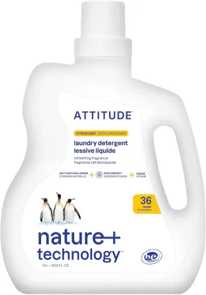 ATTITUDE Liquid Laundry Detergent, EWG Verified Laundry Soap, HE Compatible, Vegan and Plant Based Products, Cruelty-Free, Citrus Zest, 36 Loads, 60.8 Fl Oz